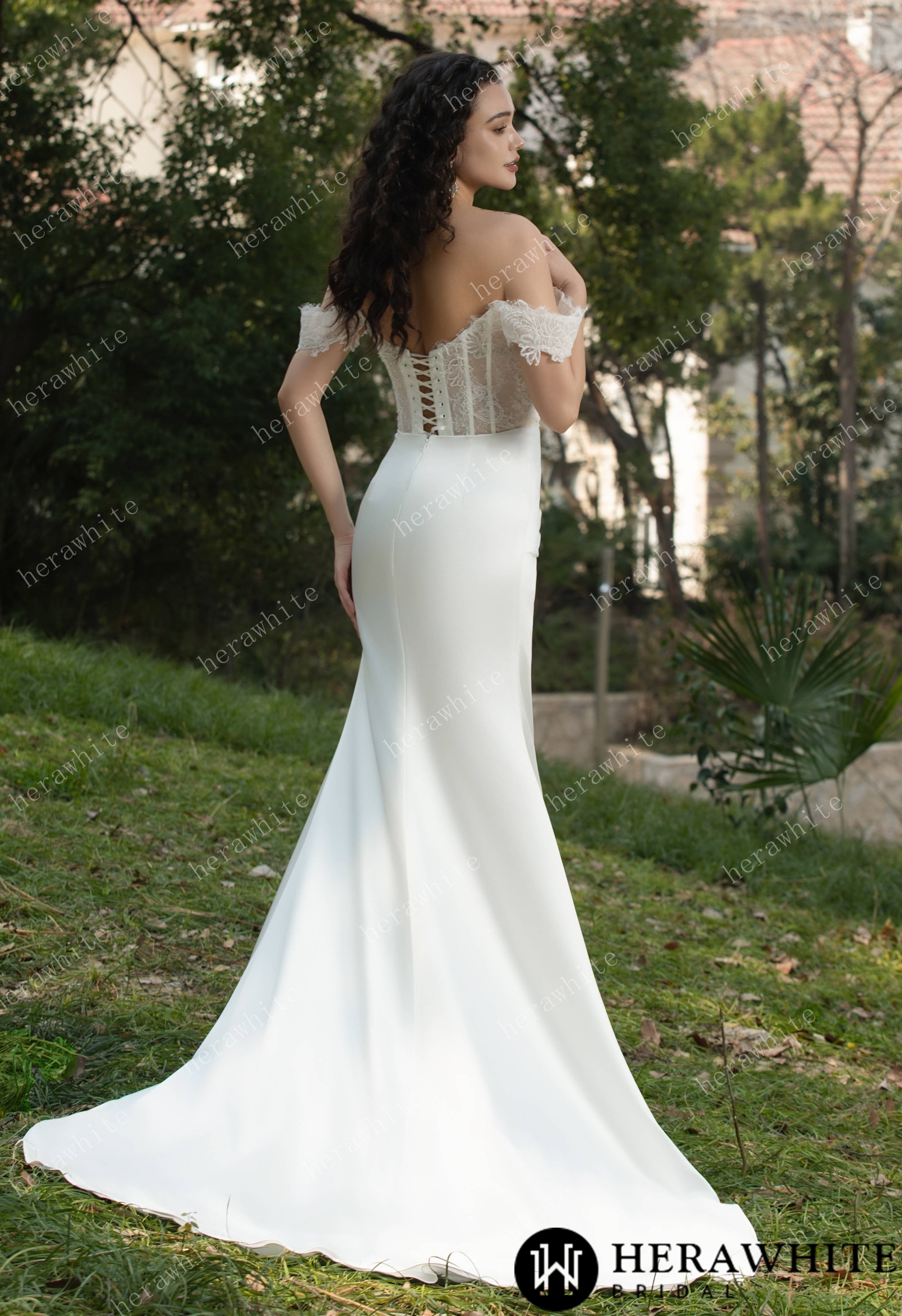 Chantilly Lace Wedding Dress With Off-the-Shoulder Straps & Elegant Illusion Bodice