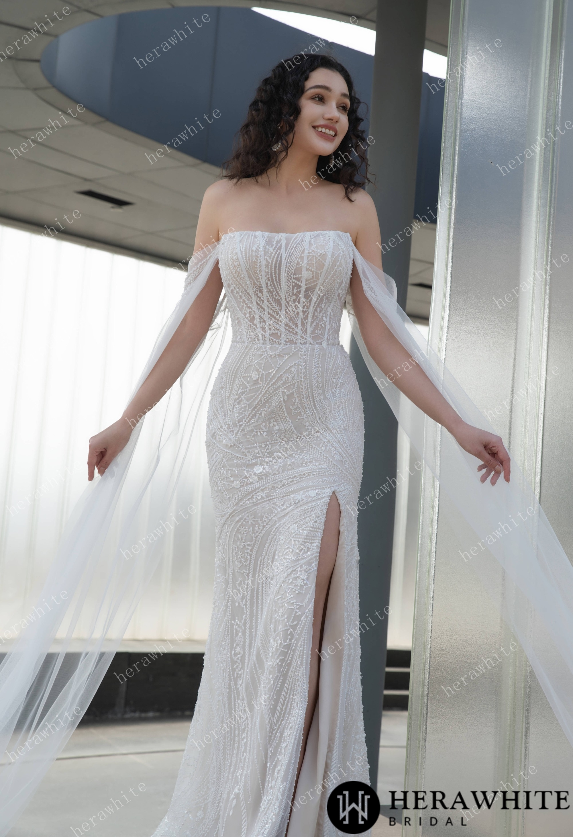 Square Neckline Beaded Embroidery Wedding Gown