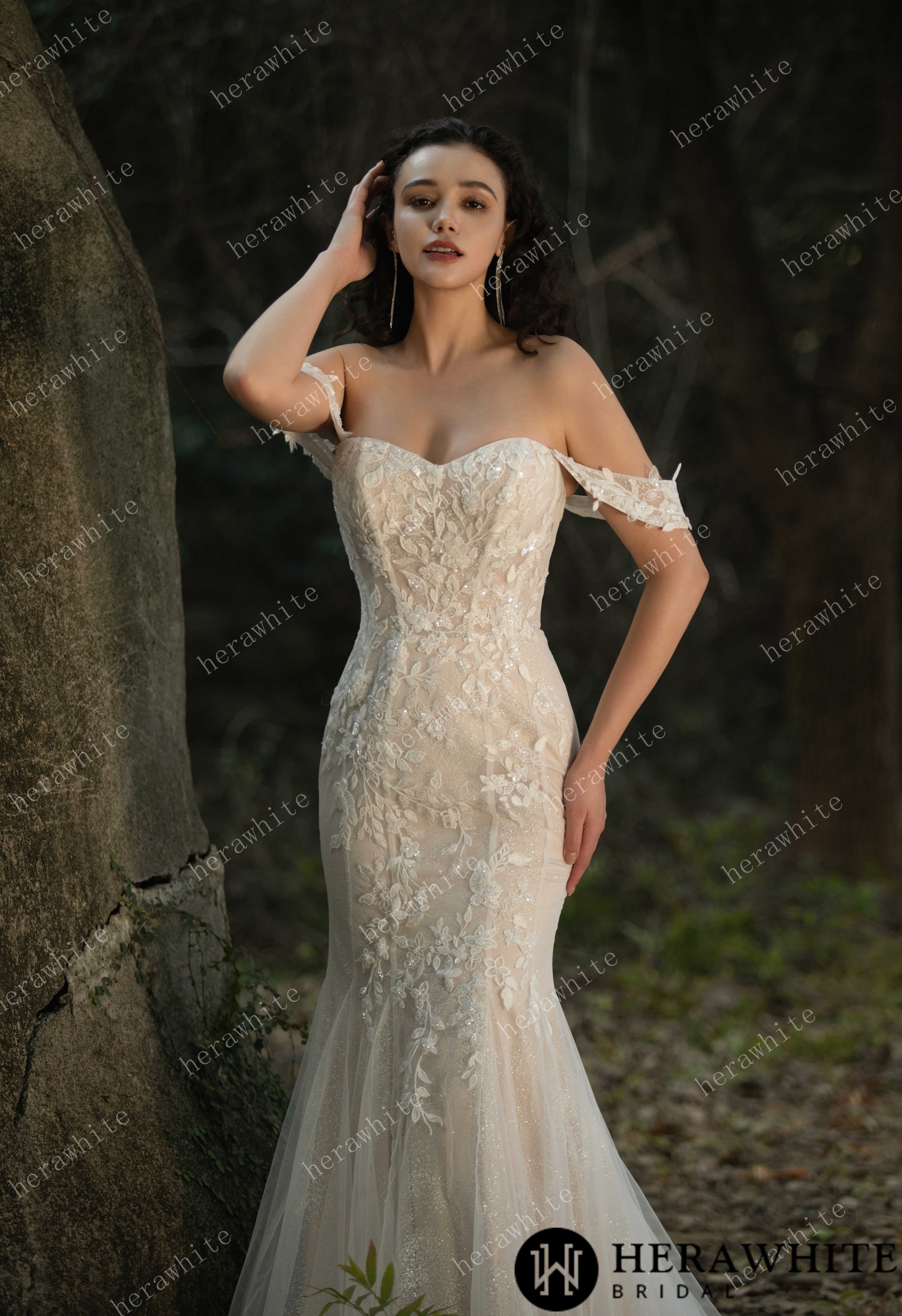 Beaded and Sequined Lace Off the Shoulder  Wedding Dress