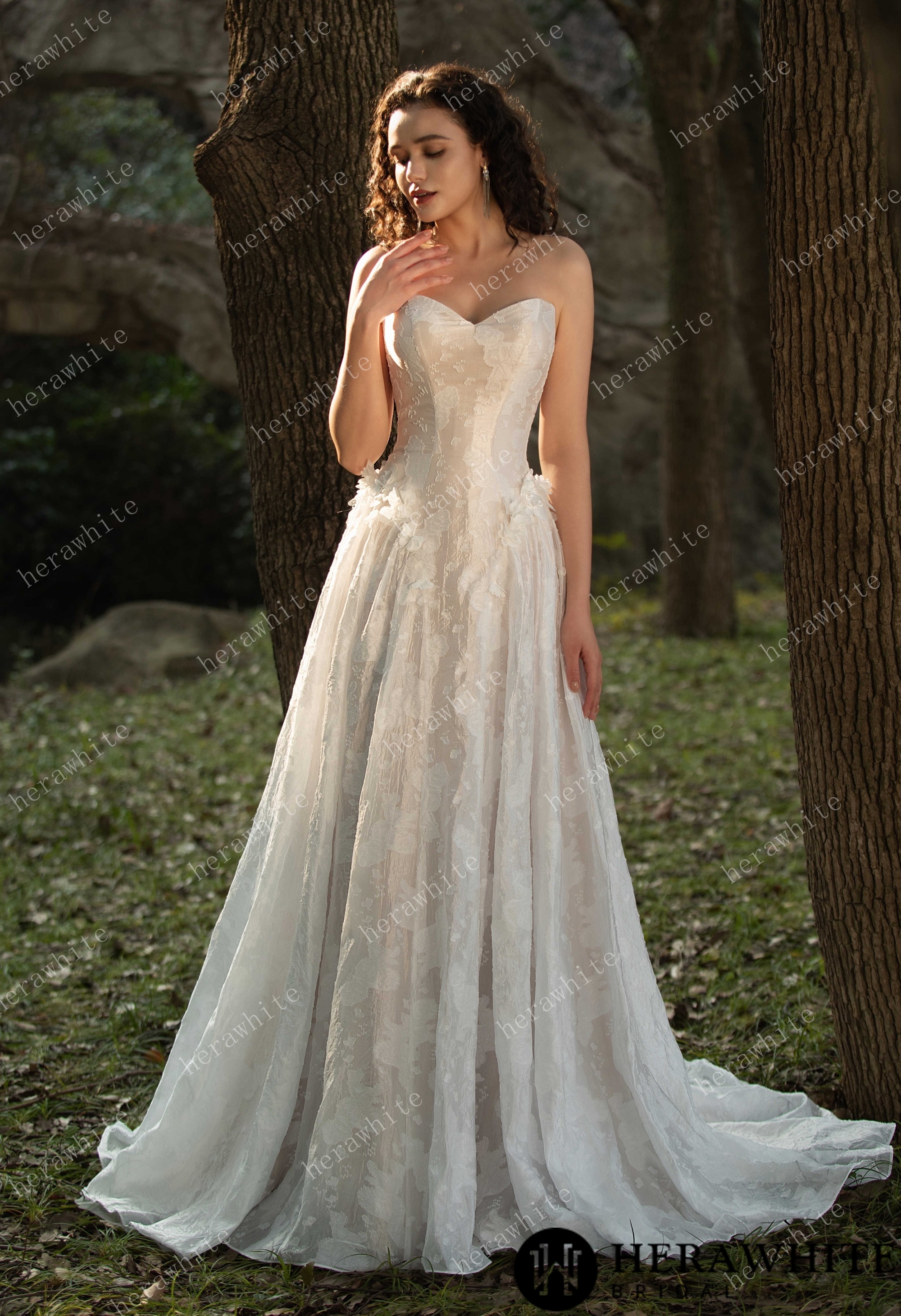 3D Flower-Embellished Basque Waistline Floral Jacquard  Gown