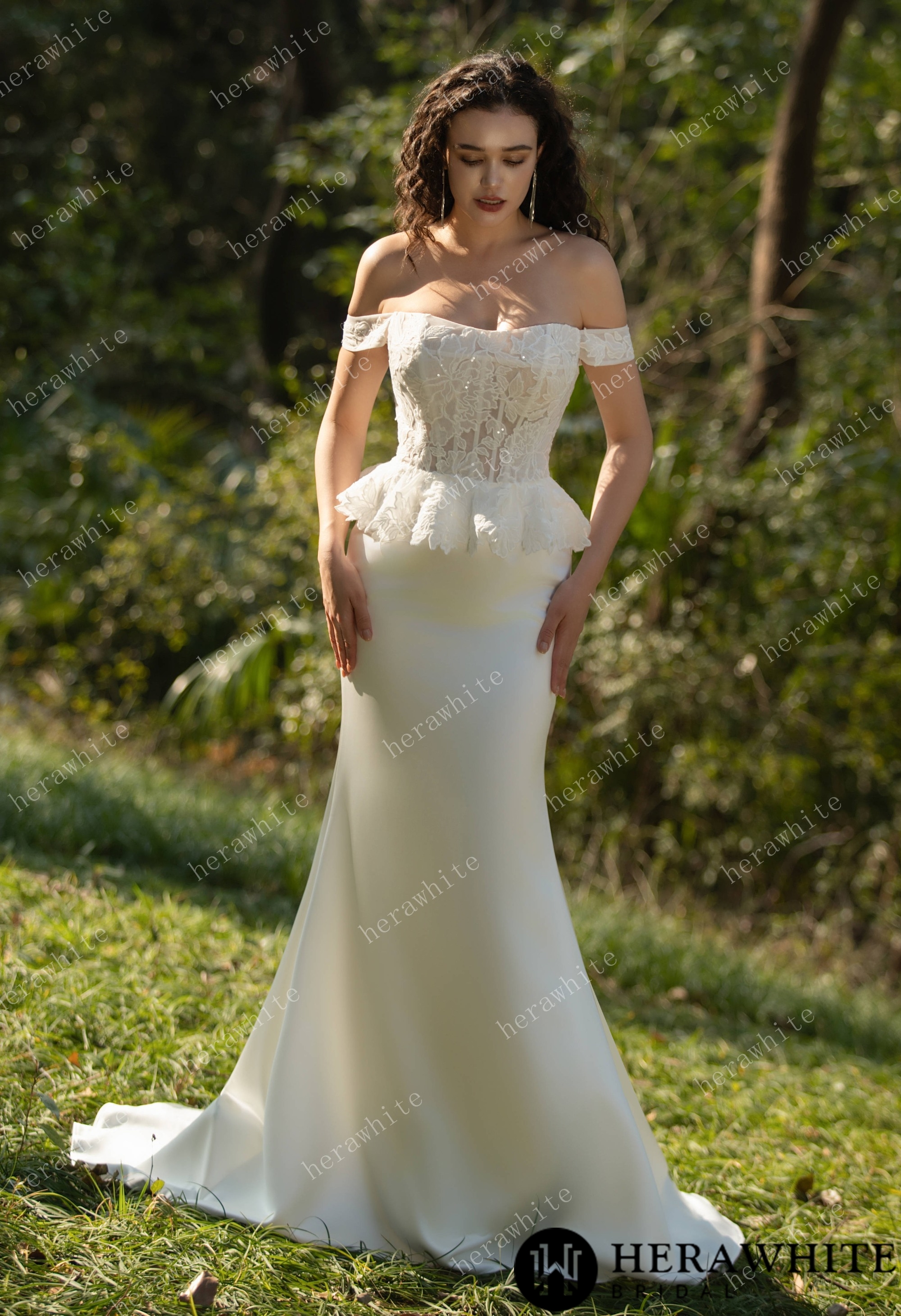 Off the Shoulder Ruffle Fit and Flare Bridal Gown