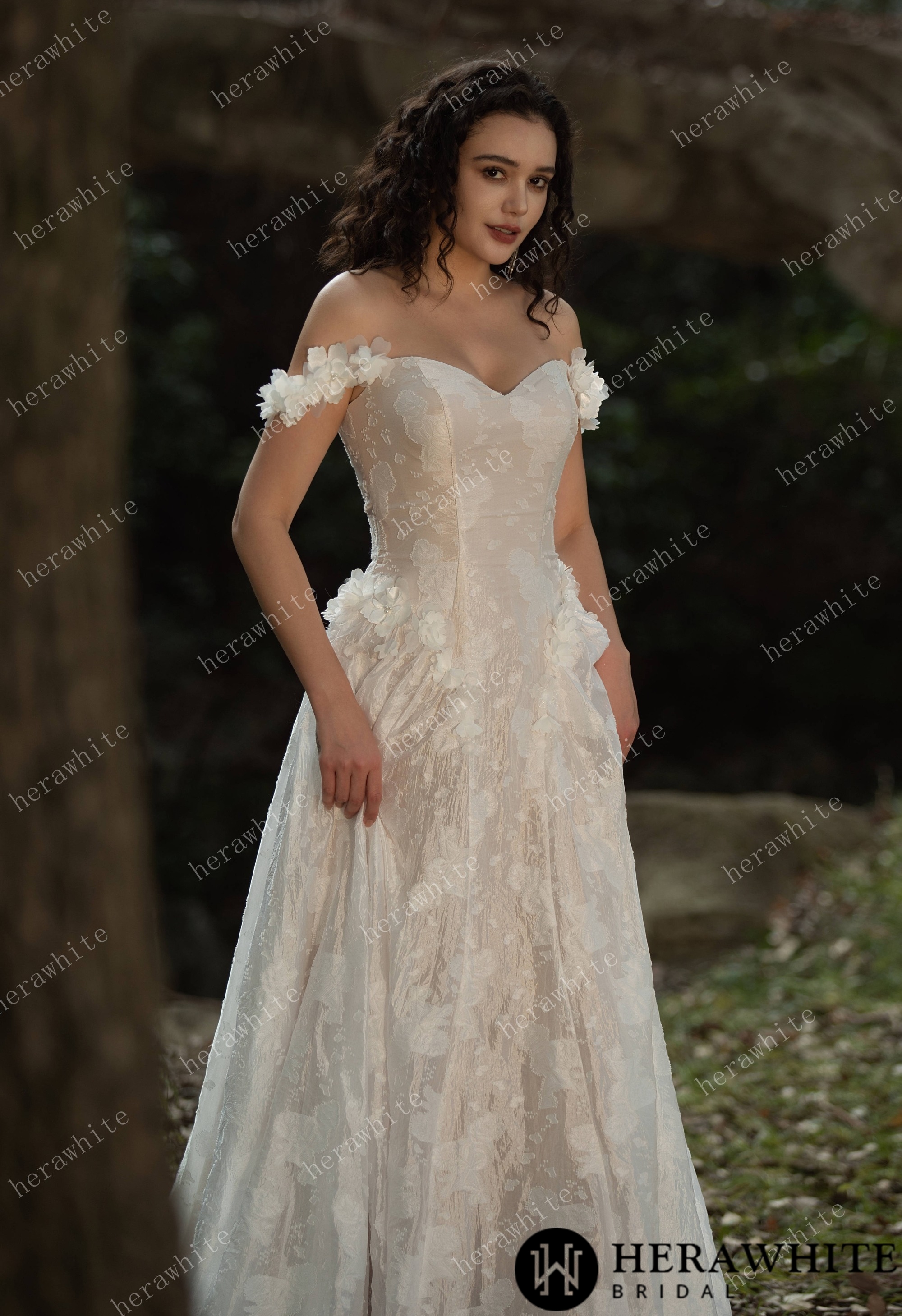 3D Flower-Embellished Basque Waistline Floral Jacquard  Gown