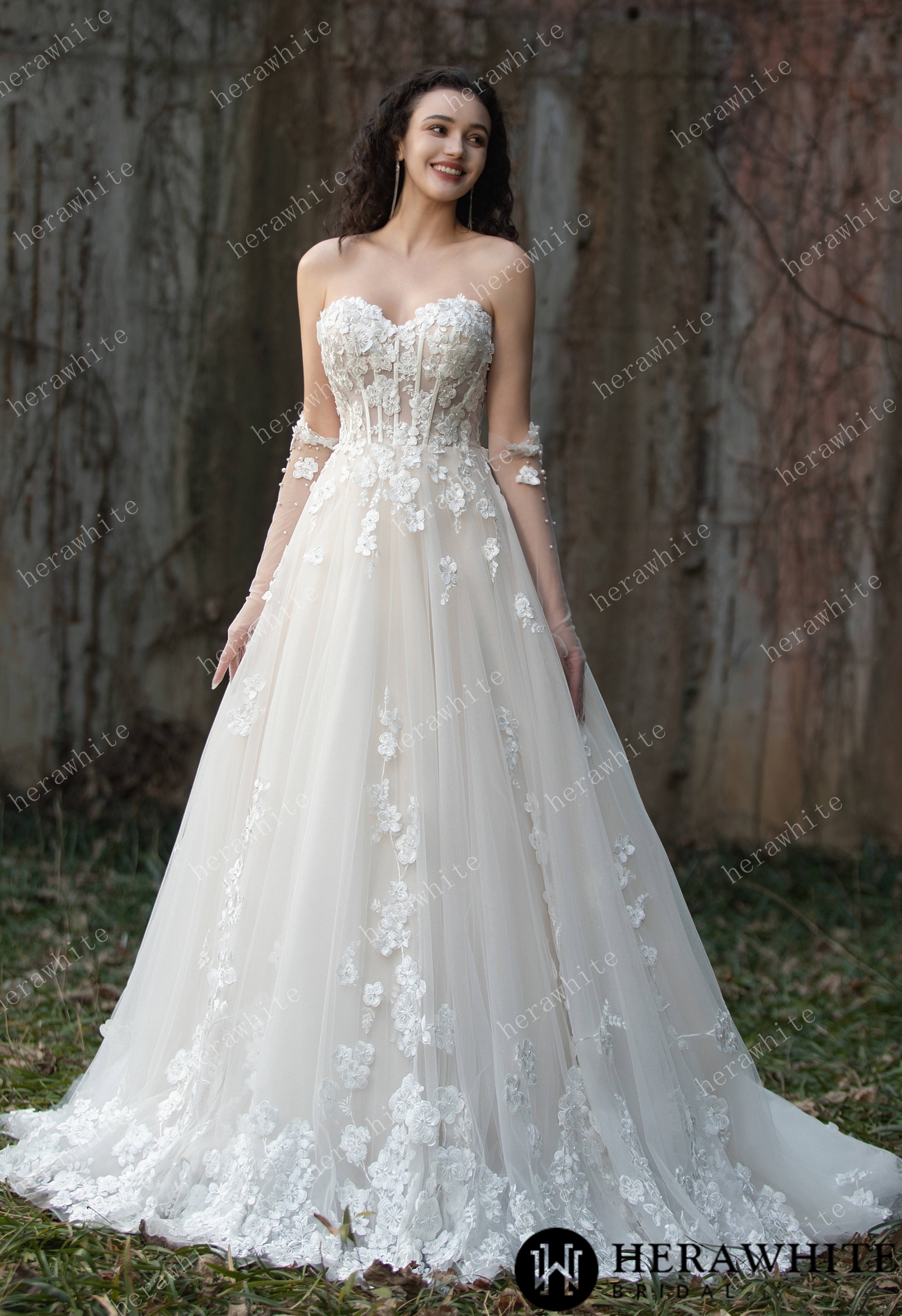 Strapless Tulle Wedding Ball Gown with 3D Embroidery Flowers