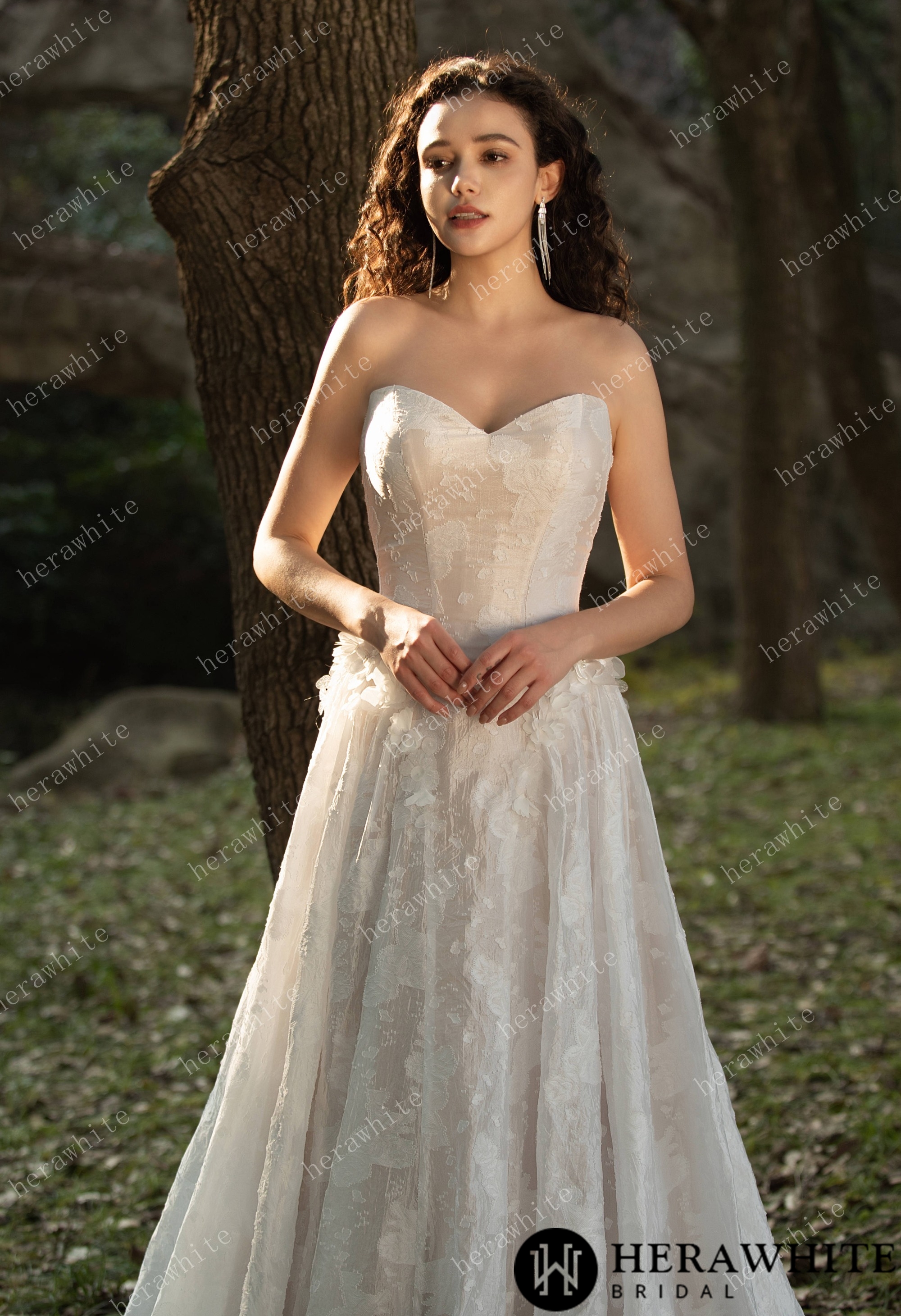 3D Flower-Embellished Basque Waistline Floral Jacquard  Gown