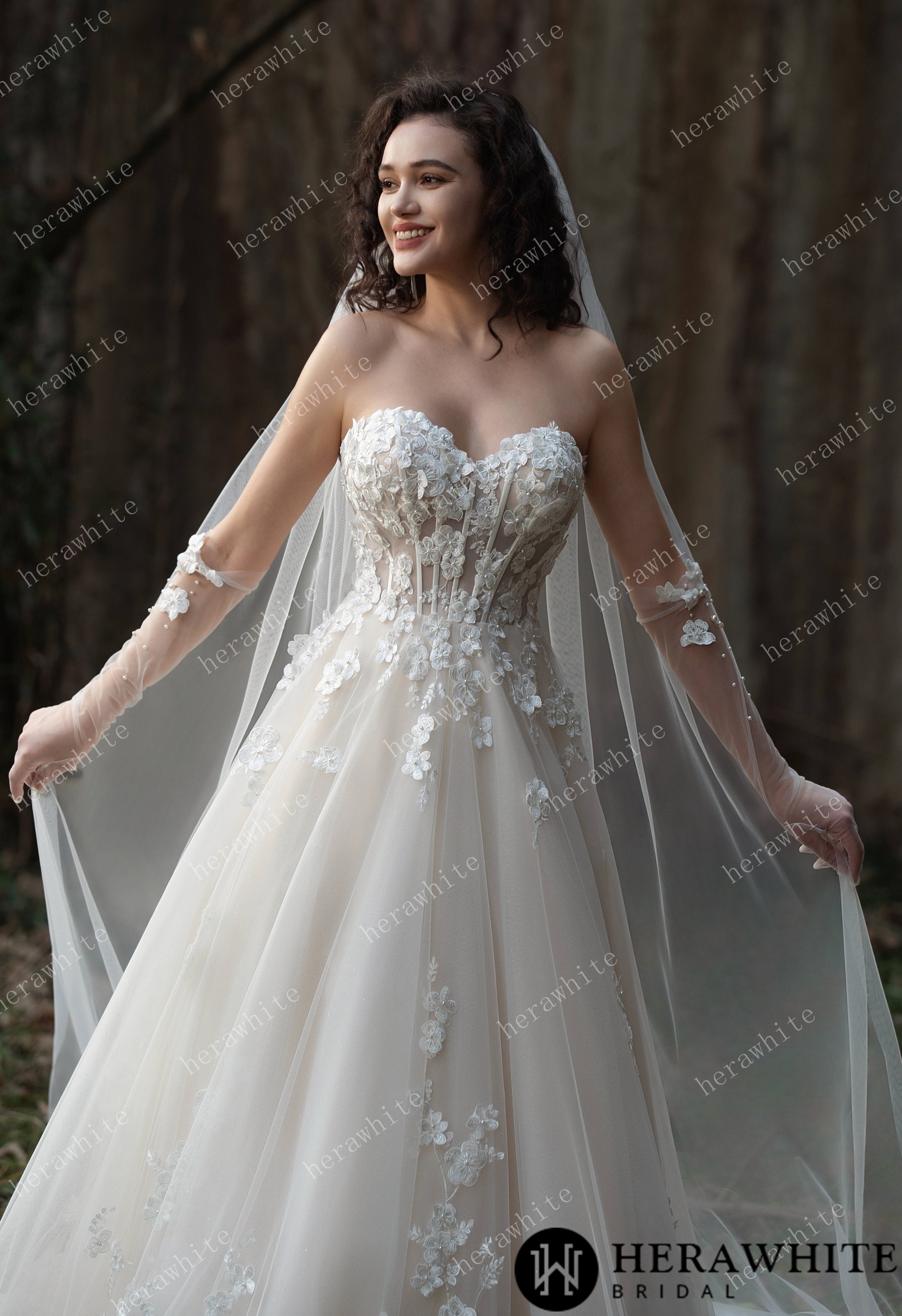 Strapless Tulle Wedding Ball Gown with 3D Embroidery Flowers