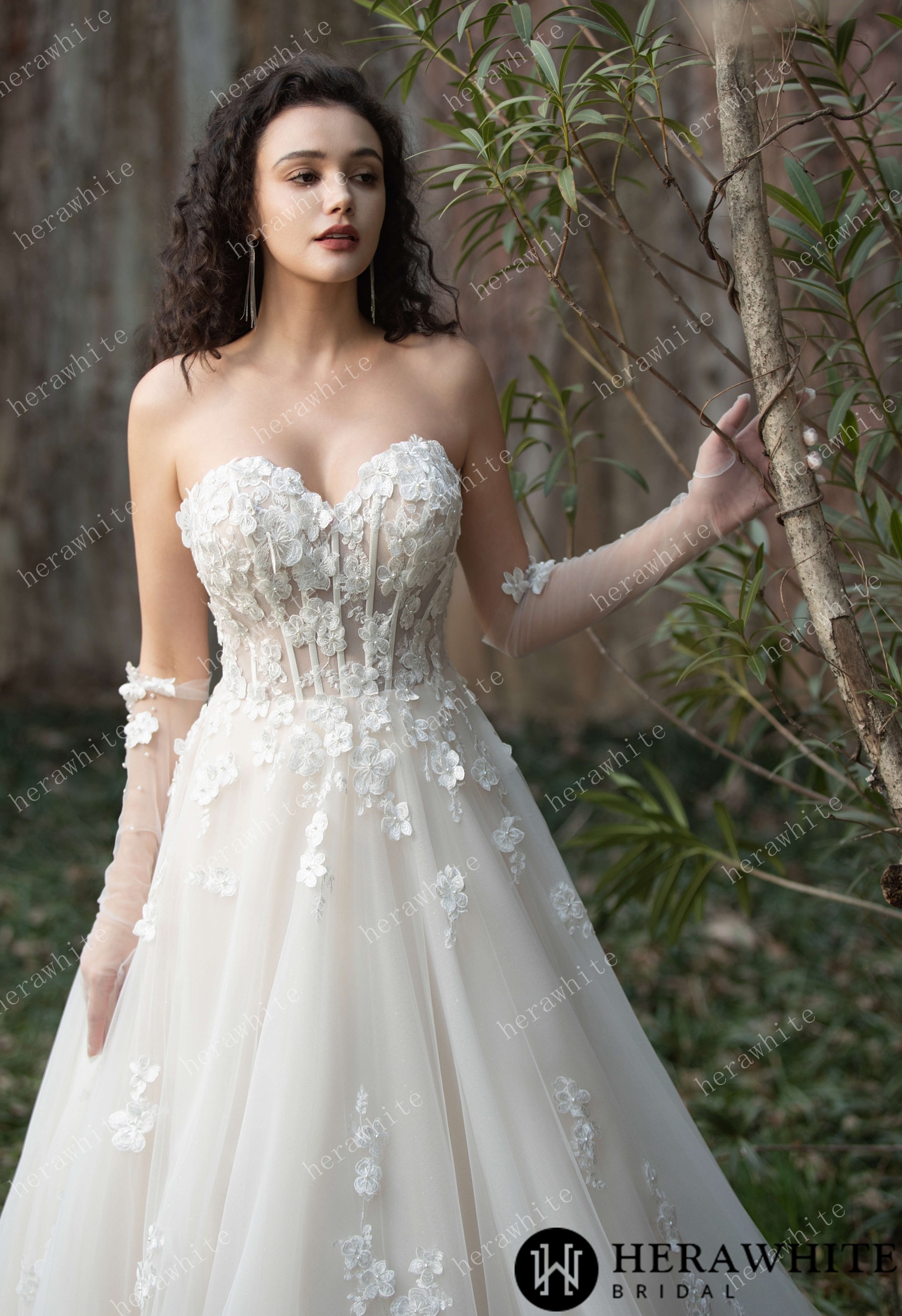 Strapless Tulle Wedding Ball Gown with 3D Embroidery Flowers