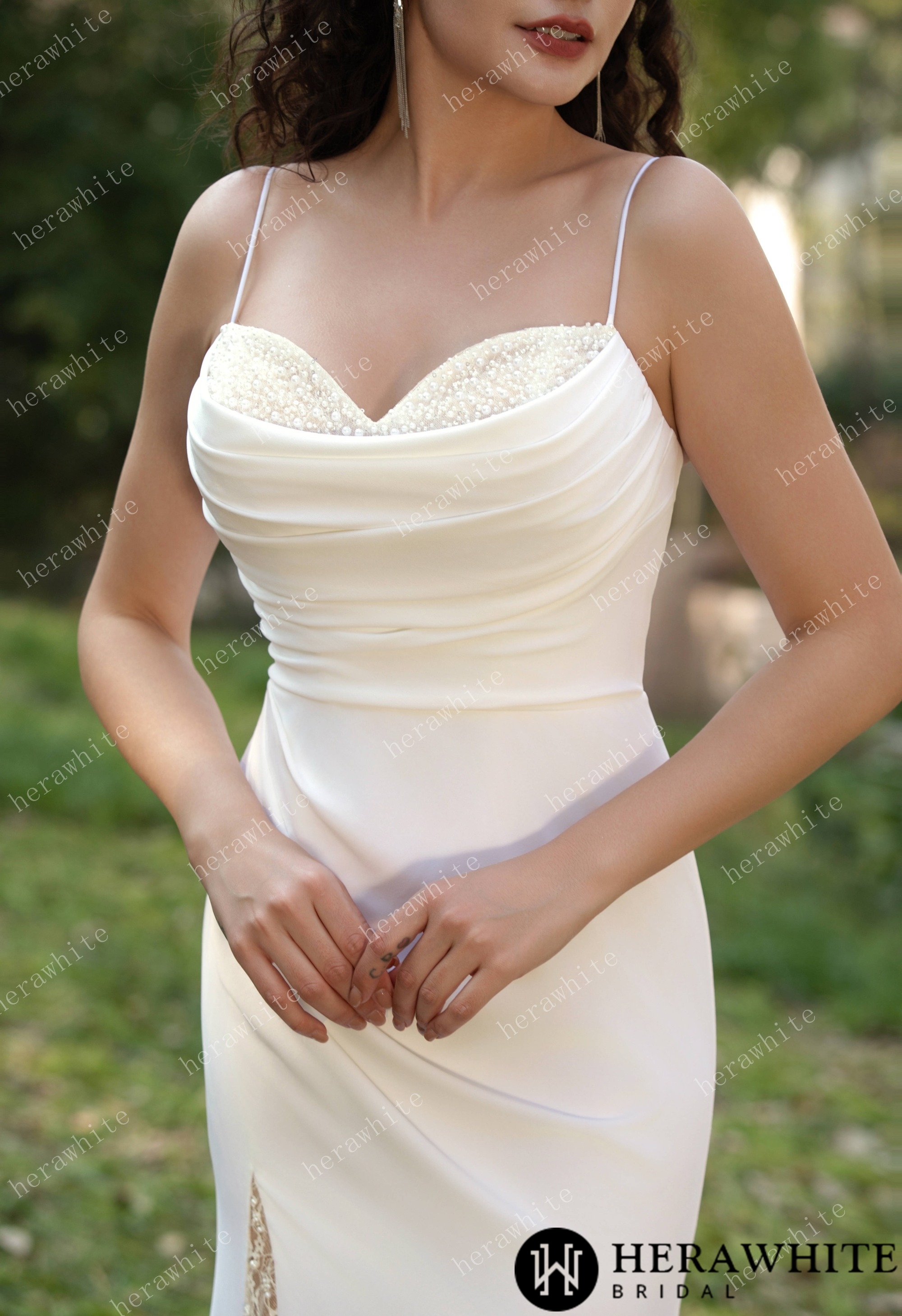 Spaghetti Straps Beaded Crepe With Split Wedding Dress