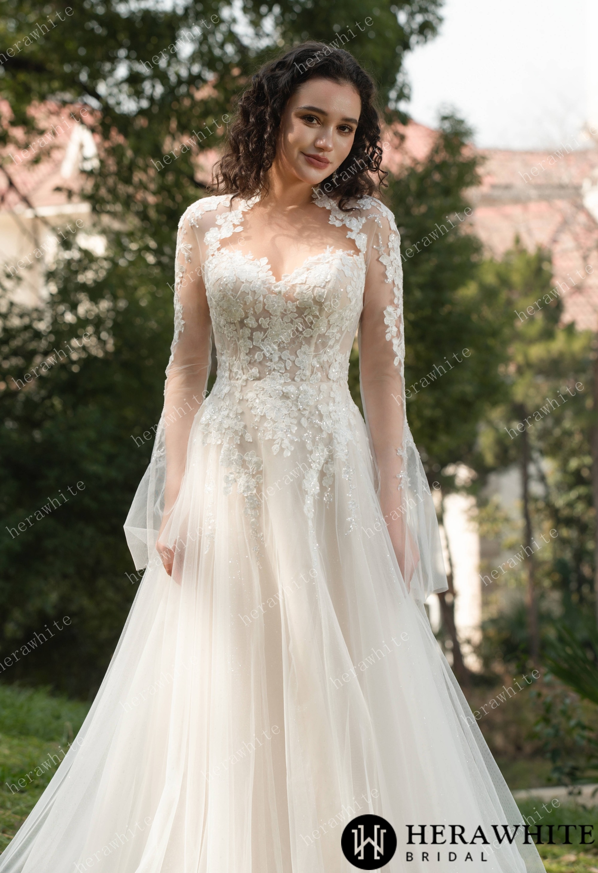 Ethereal Blossom Lace Long-Sleeve Wedding Gown