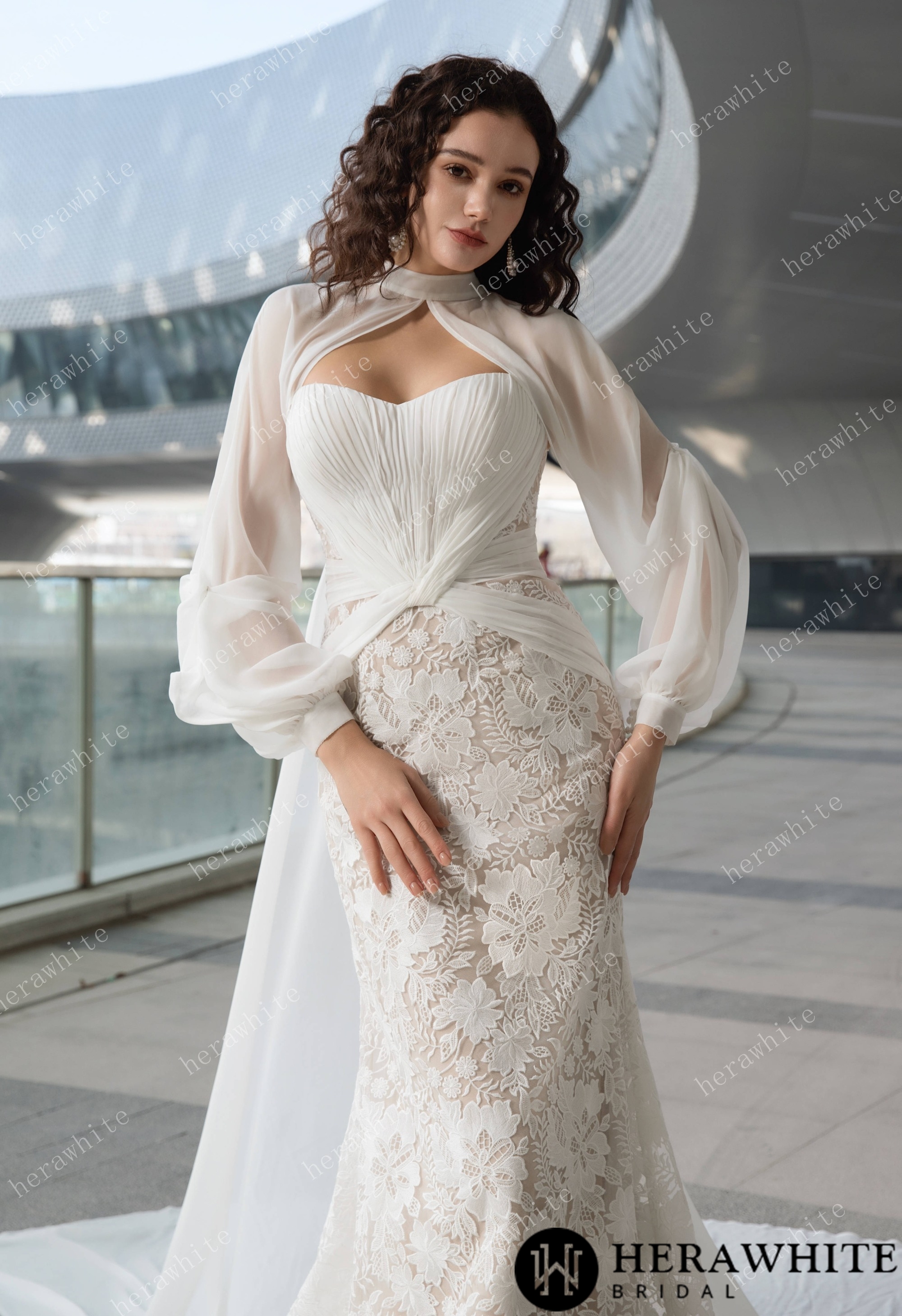 Elegant Strapless Pleated Wedding Dress with Lace Mermaid Skirt and Flowing Sheer Cape