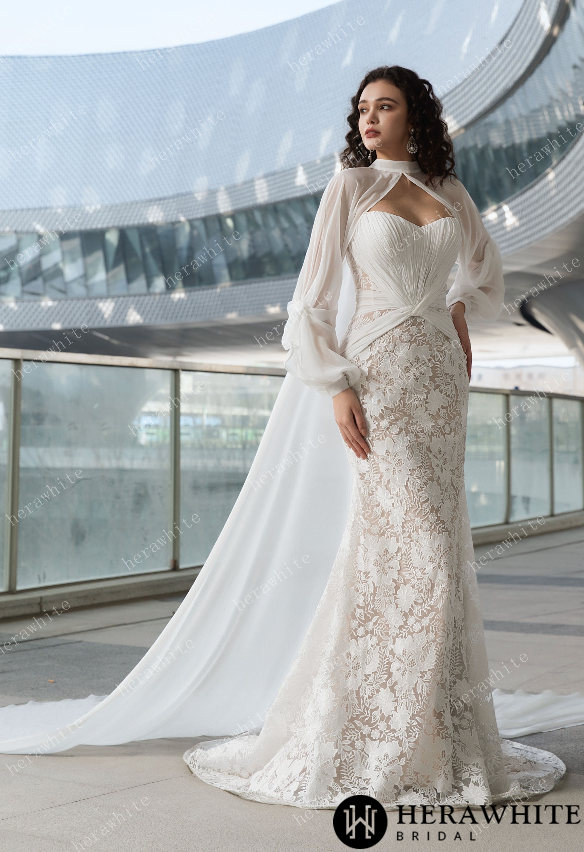 Elegant Strapless Pleated Wedding Dress with Lace Mermaid Skirt and Flowing Sheer Cape