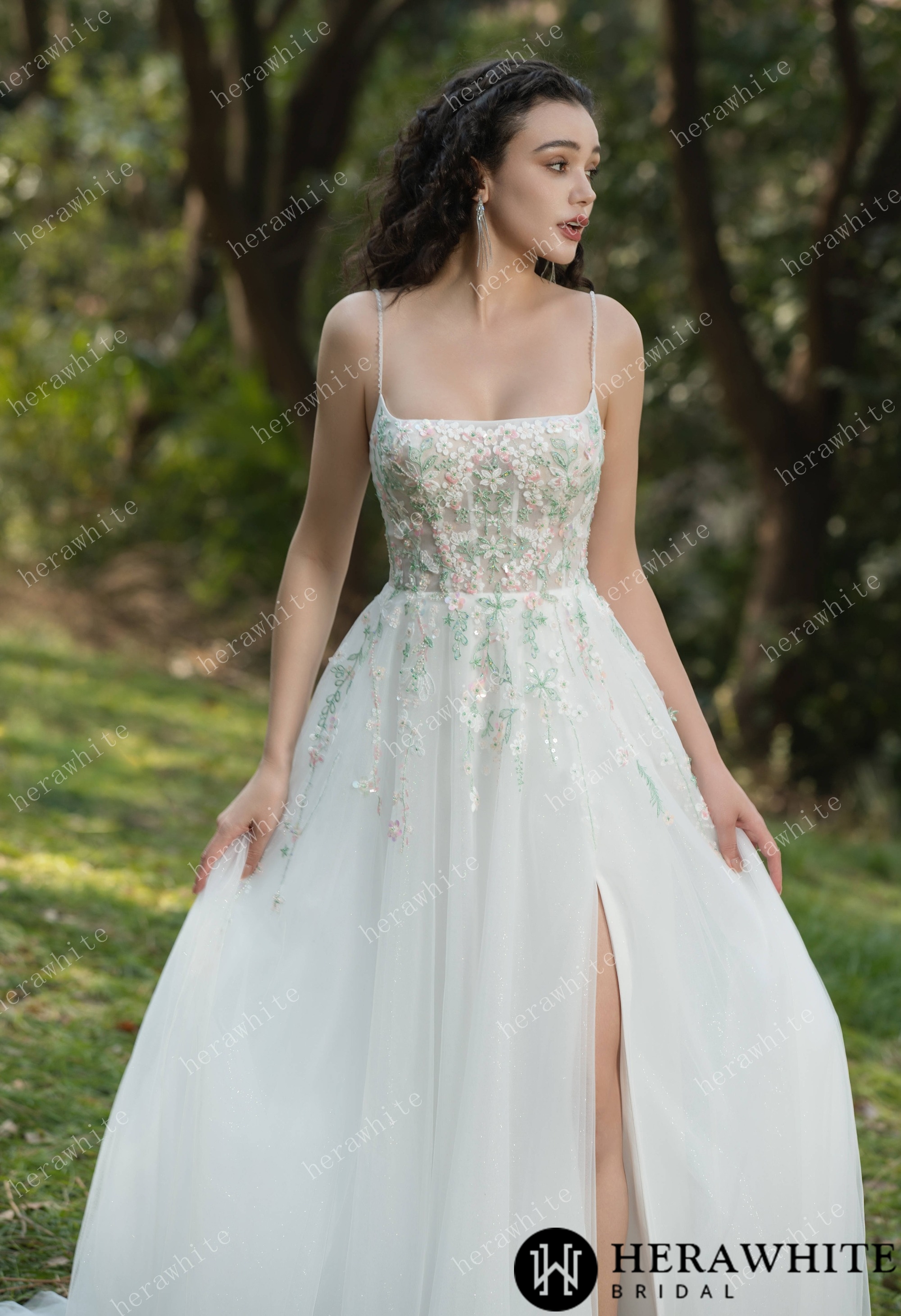 Colourful Embroidered Floral With Spaghetti Straps Square Neck Wedding Dress