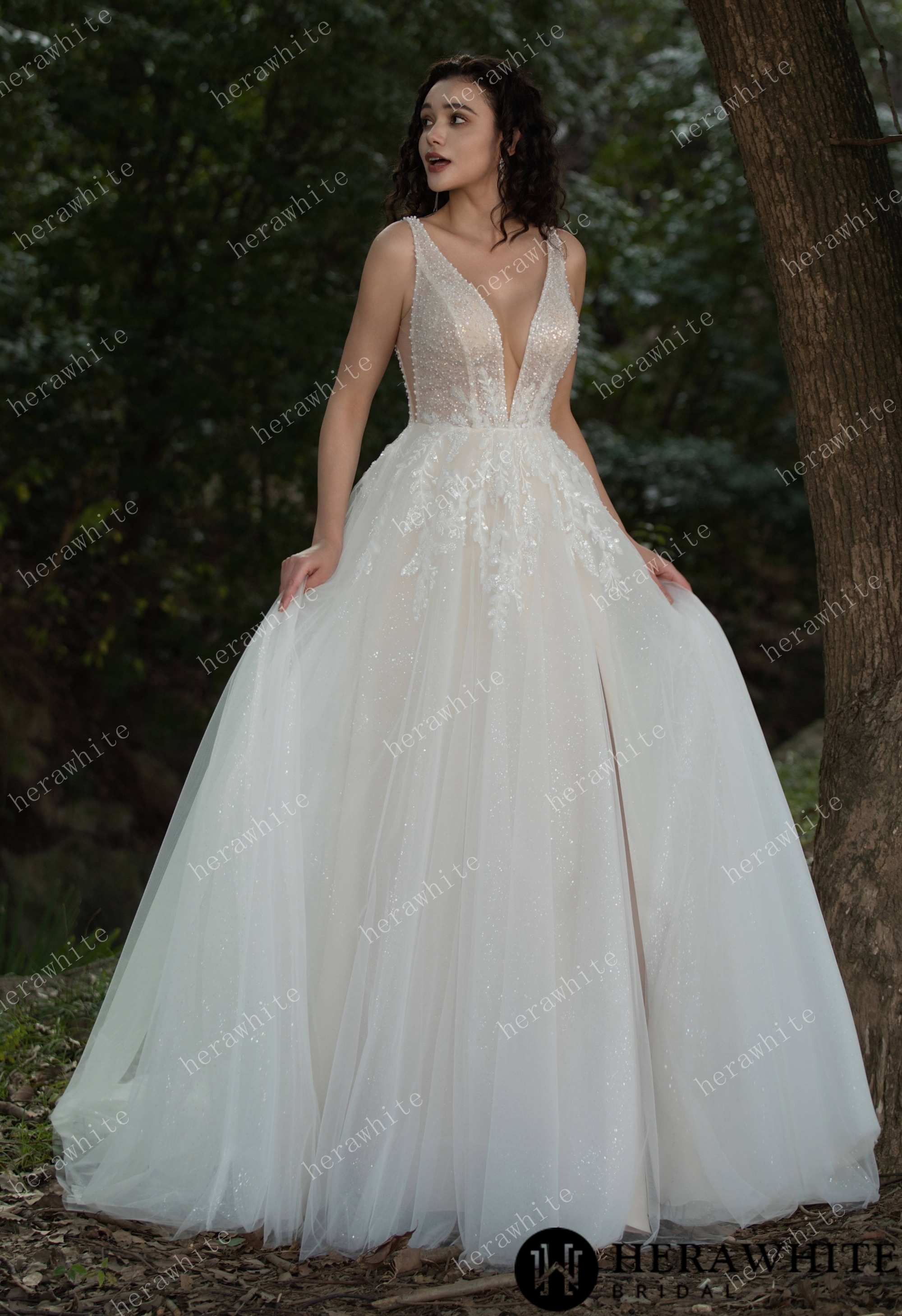 Sparkling A-line Gown with Deep V-neckline and Floral Embellished Bodice