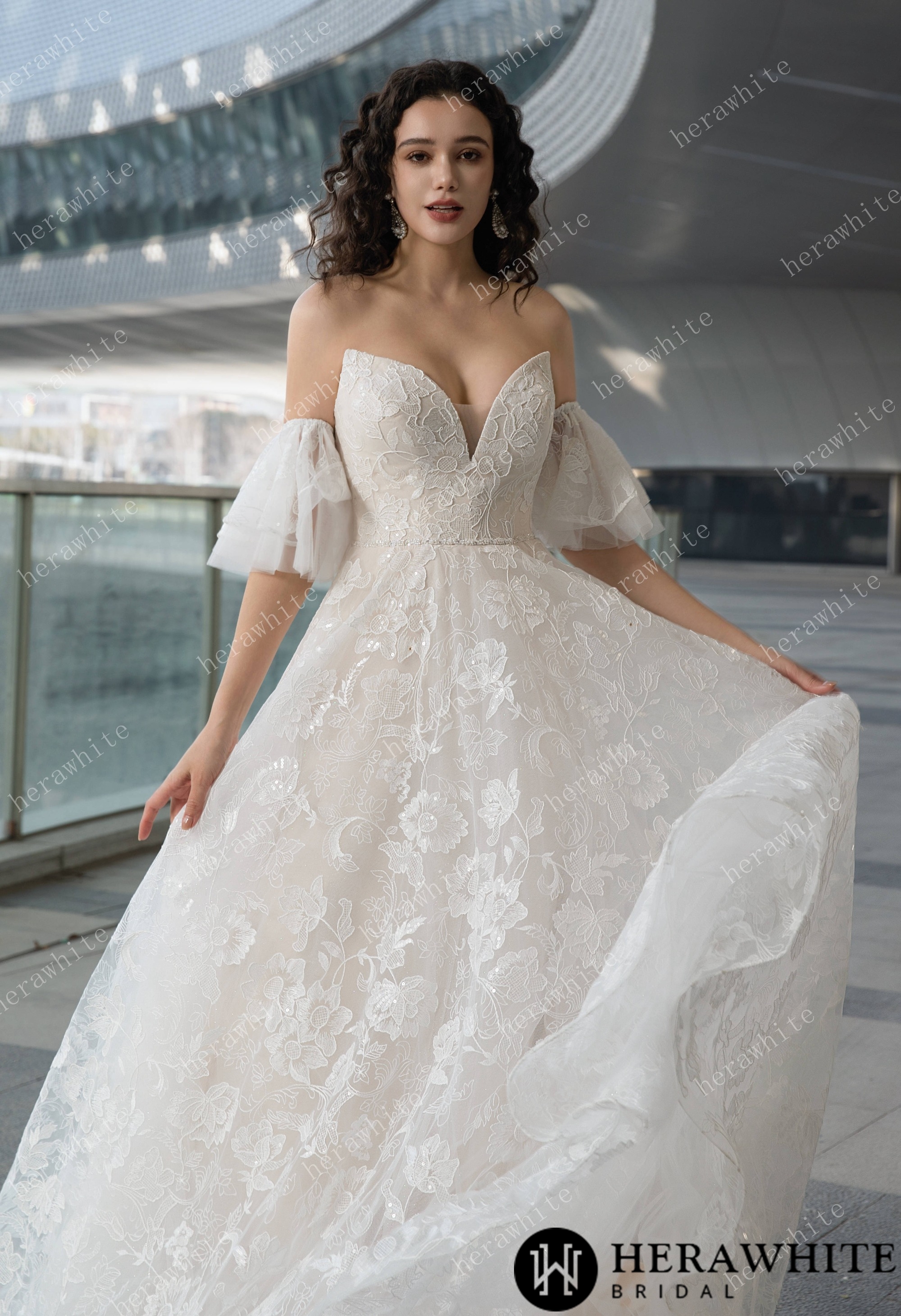V-Neck Allover Lace Wedding Dress with Removable Ruffle Sleeves