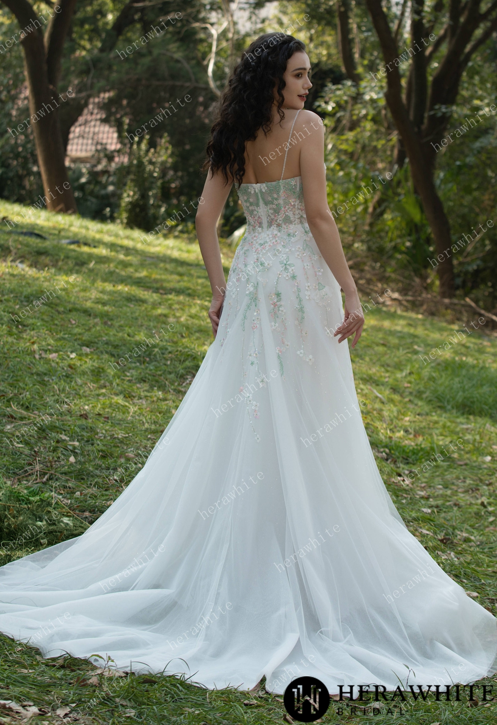 Colourful Embroidered Floral With Spaghetti Straps Square Neck Wedding Dress