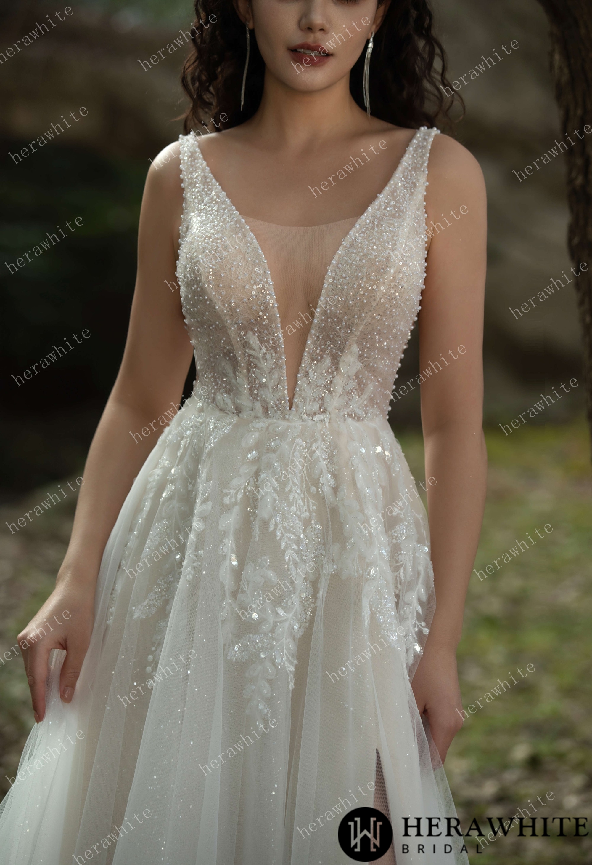 Sparkling A-line Gown with Deep V-neckline and Floral Embellished Bodice