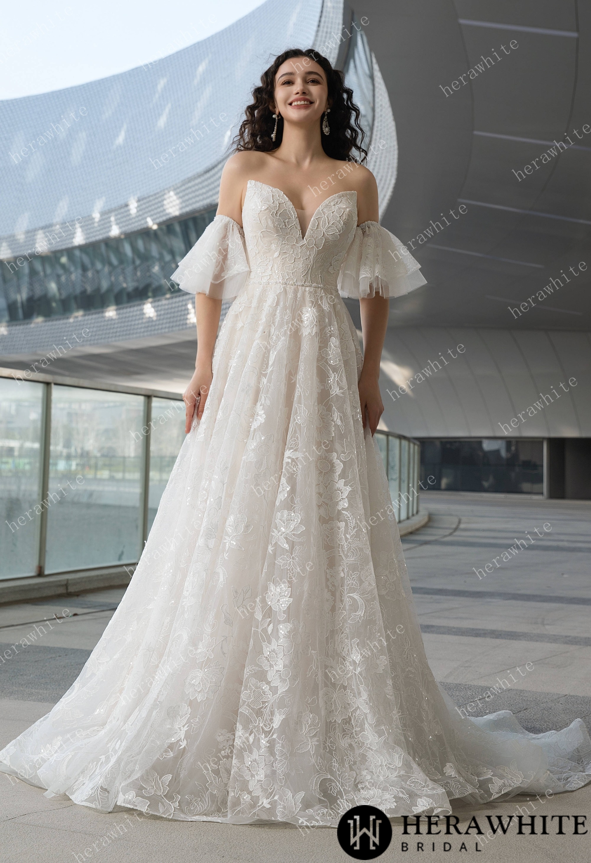V-Neck Allover Lace Wedding Dress with Removable Ruffle Sleeves