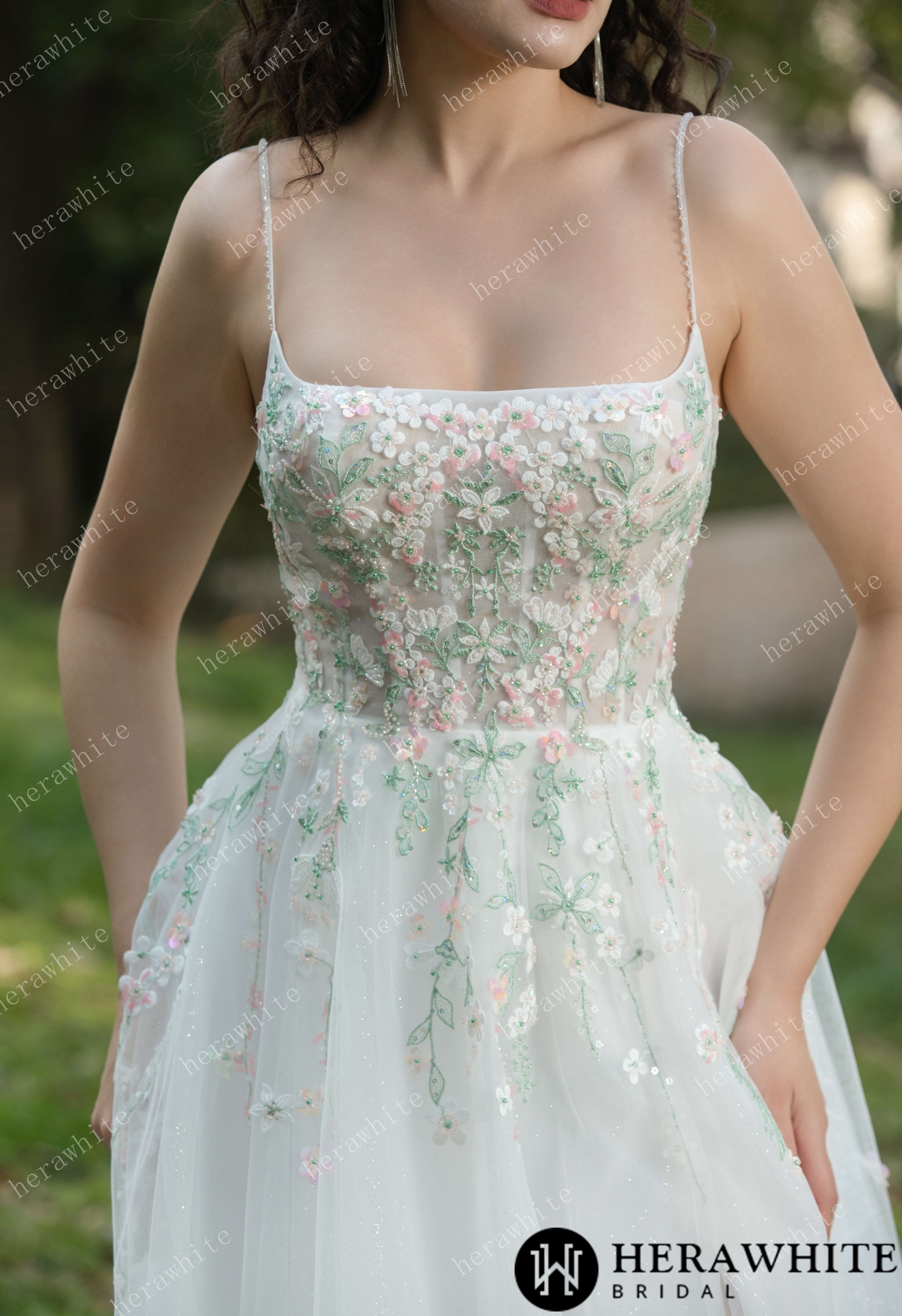 Colourful Embroidered Floral With Spaghetti Straps Square Neck Wedding Dress