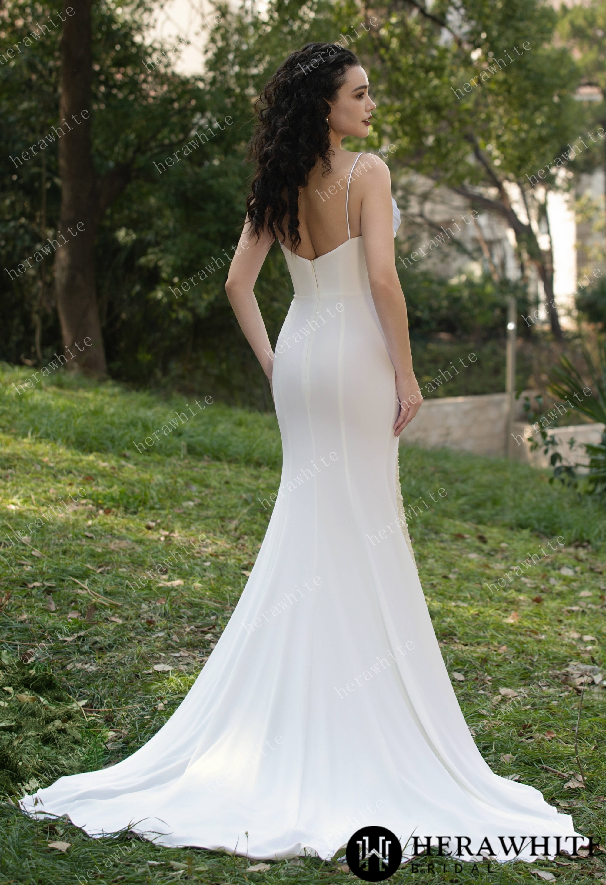 Spaghetti Straps Beaded Crepe With Split Wedding Dress