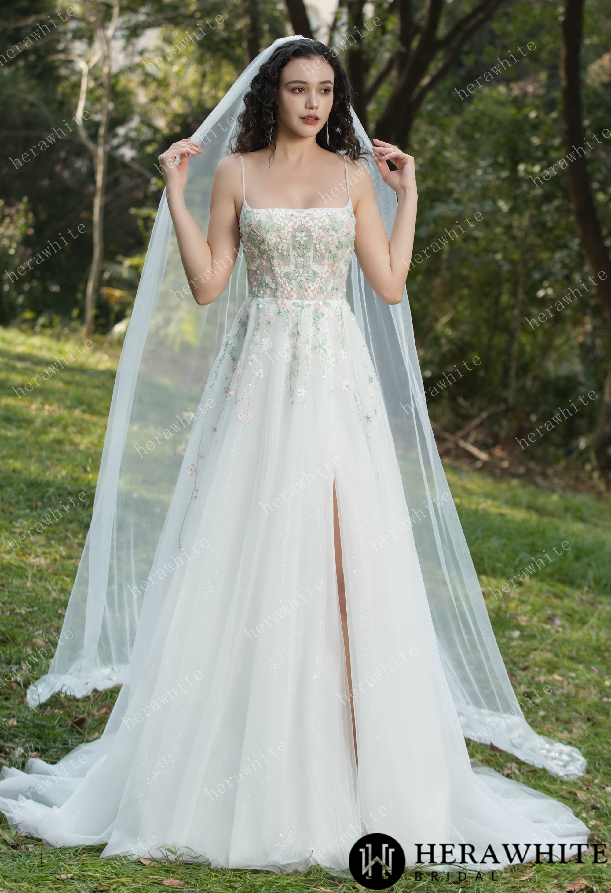 Colourful Embroidered Floral With Spaghetti Straps Square Neck Wedding Dress
