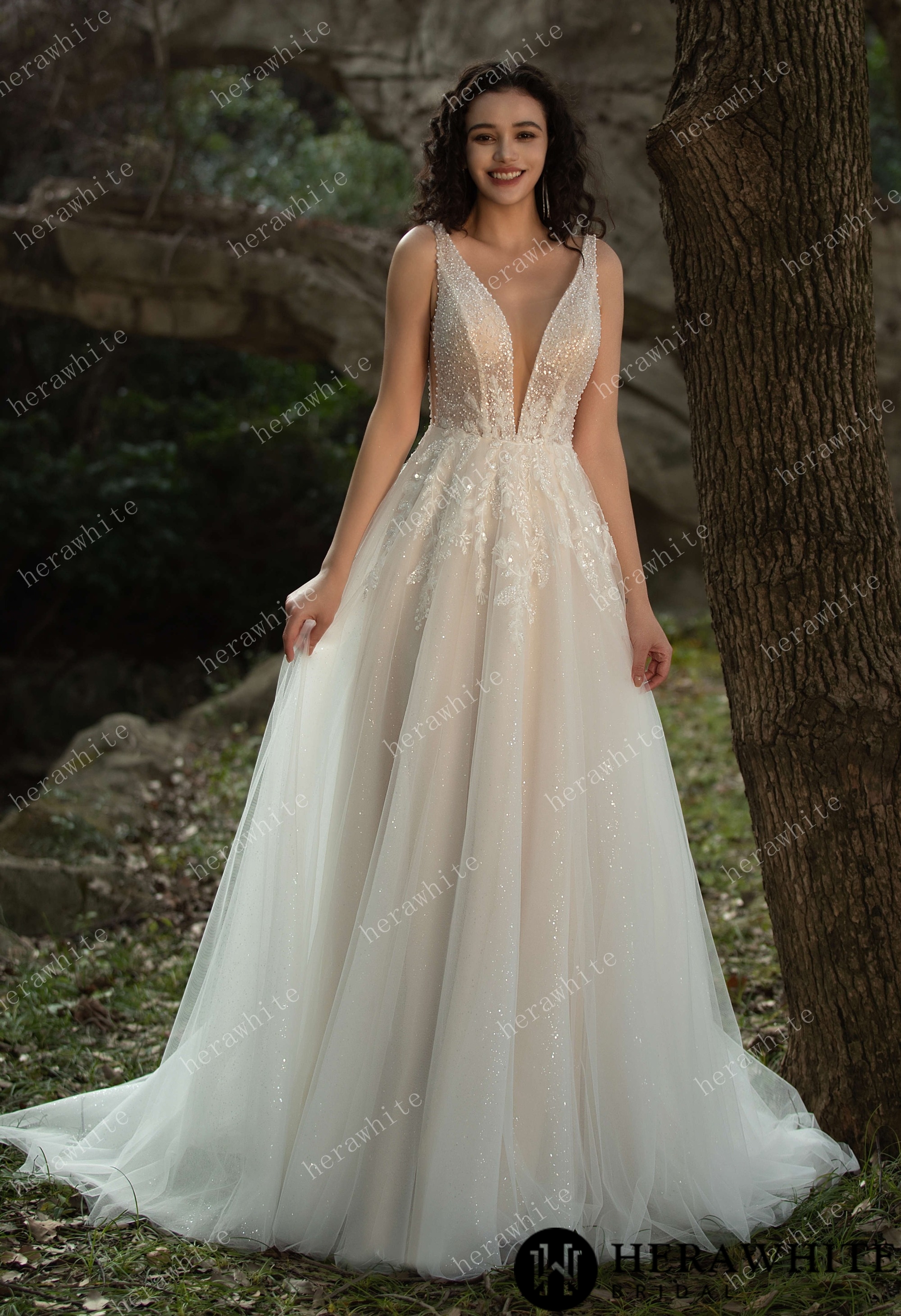 Sparkling A-line Gown with Deep V-neckline and Floral Embellished Bodice