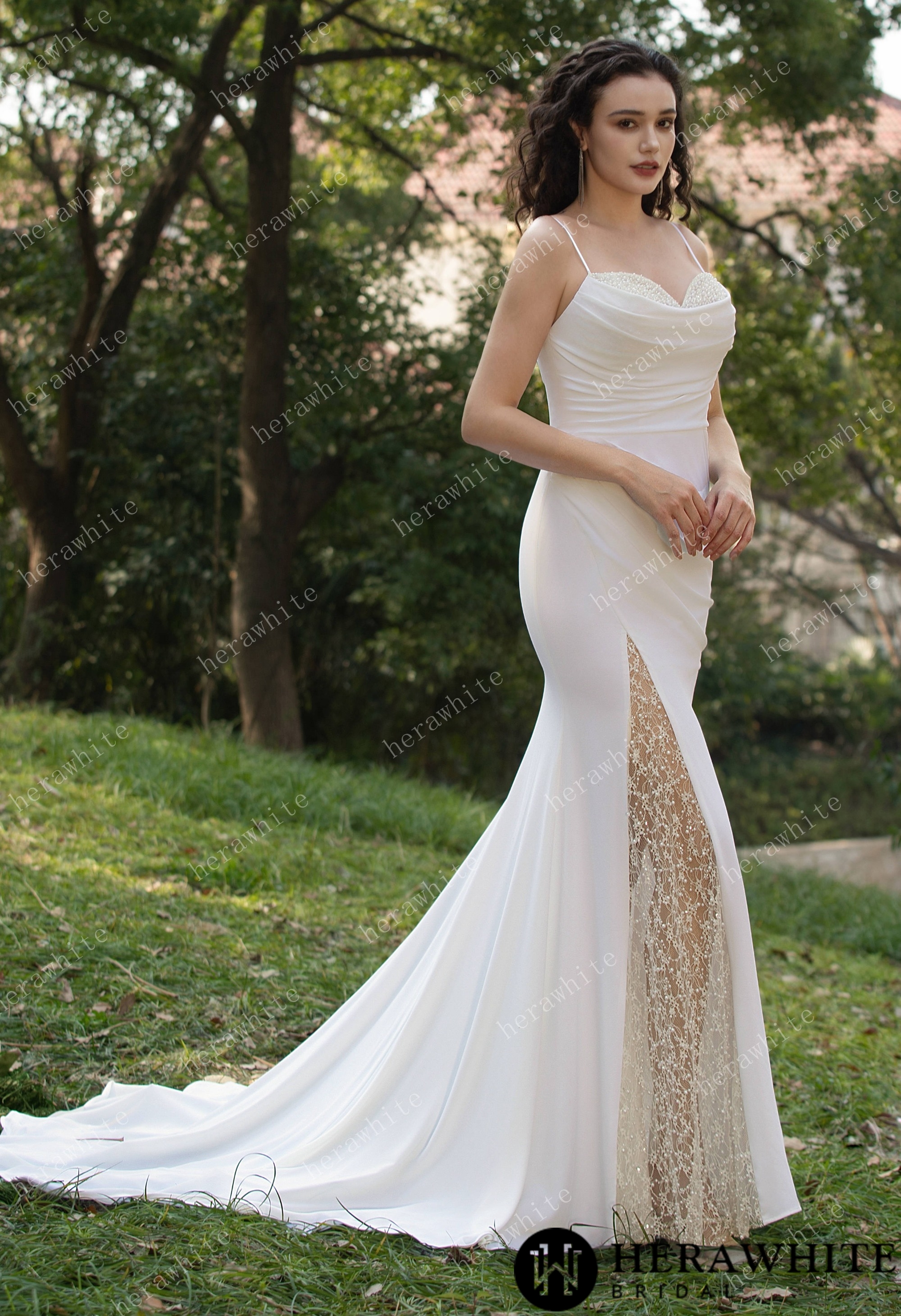 Spaghetti Straps Beaded Crepe With Split Wedding Dress