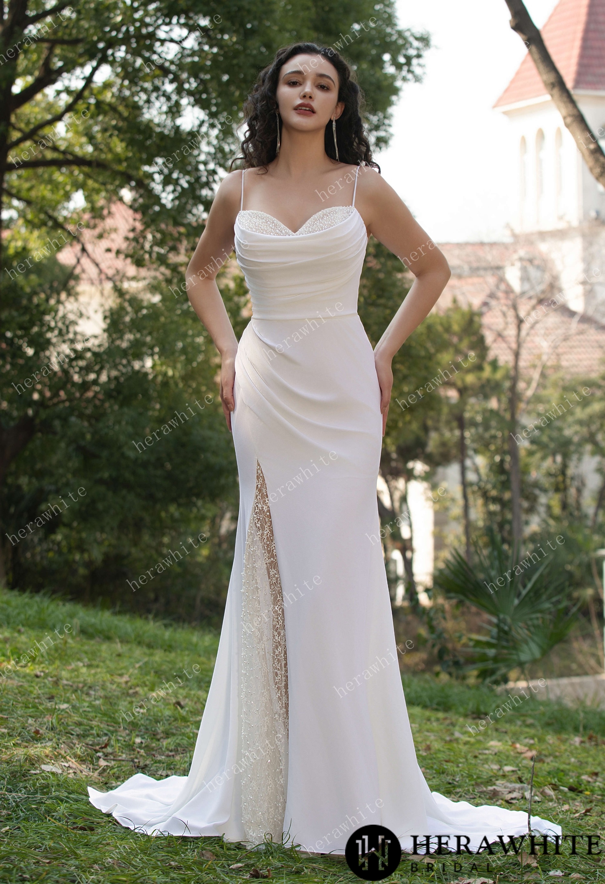 Spaghetti Straps Beaded Crepe With Split Wedding Dress