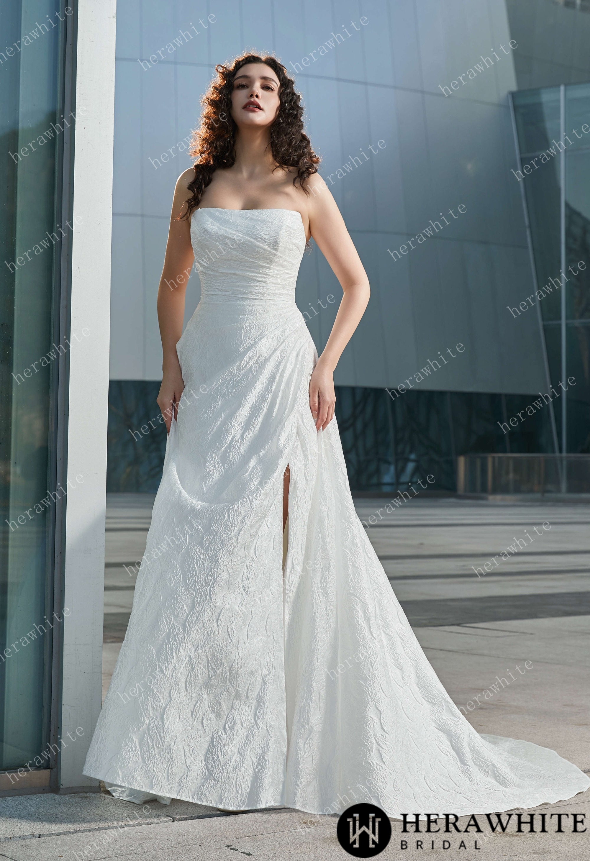 Strapless High Slit Printed Tulle A line Wedding Dresses