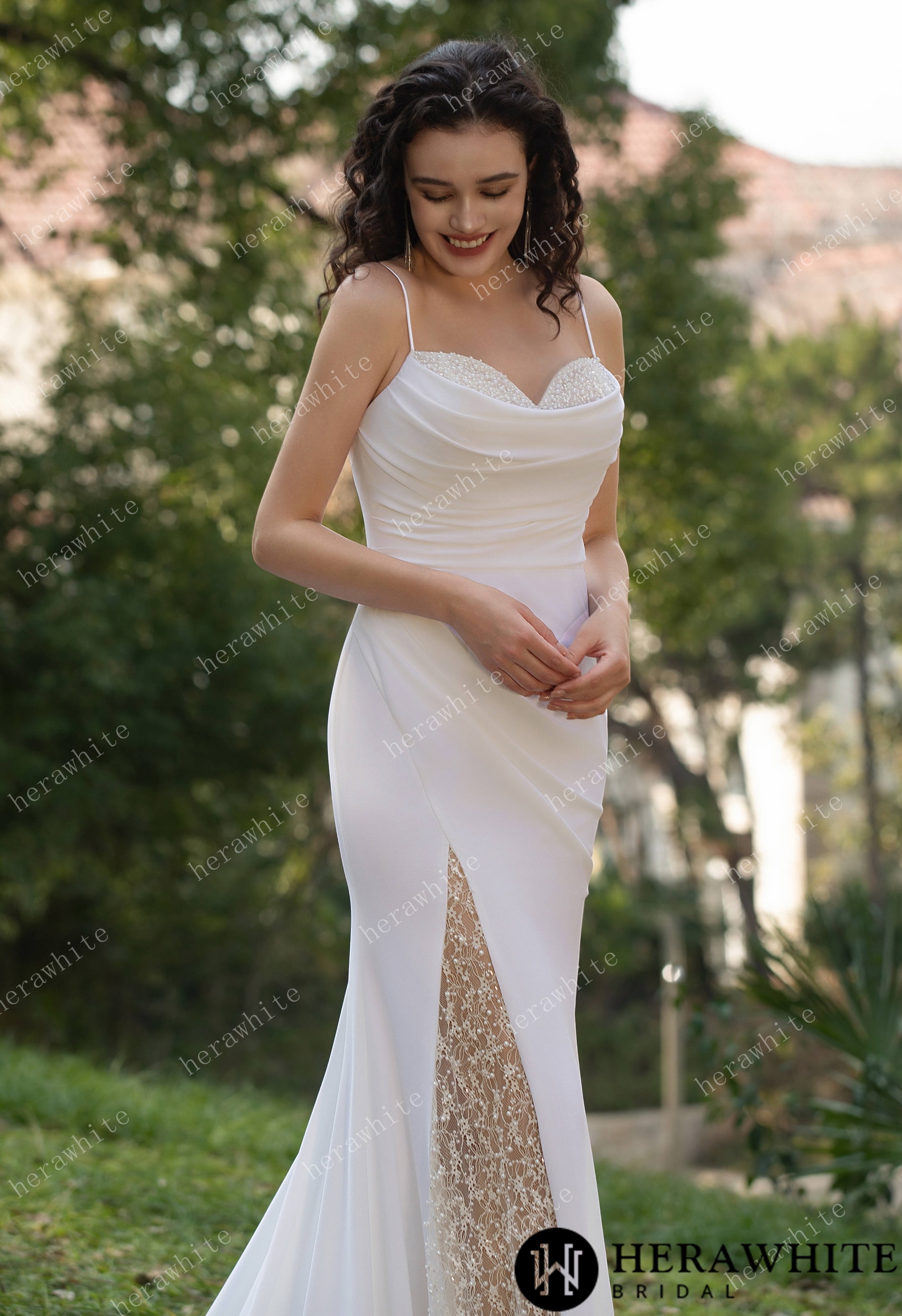 Spaghetti Straps Beaded Crepe With Split Wedding Dress