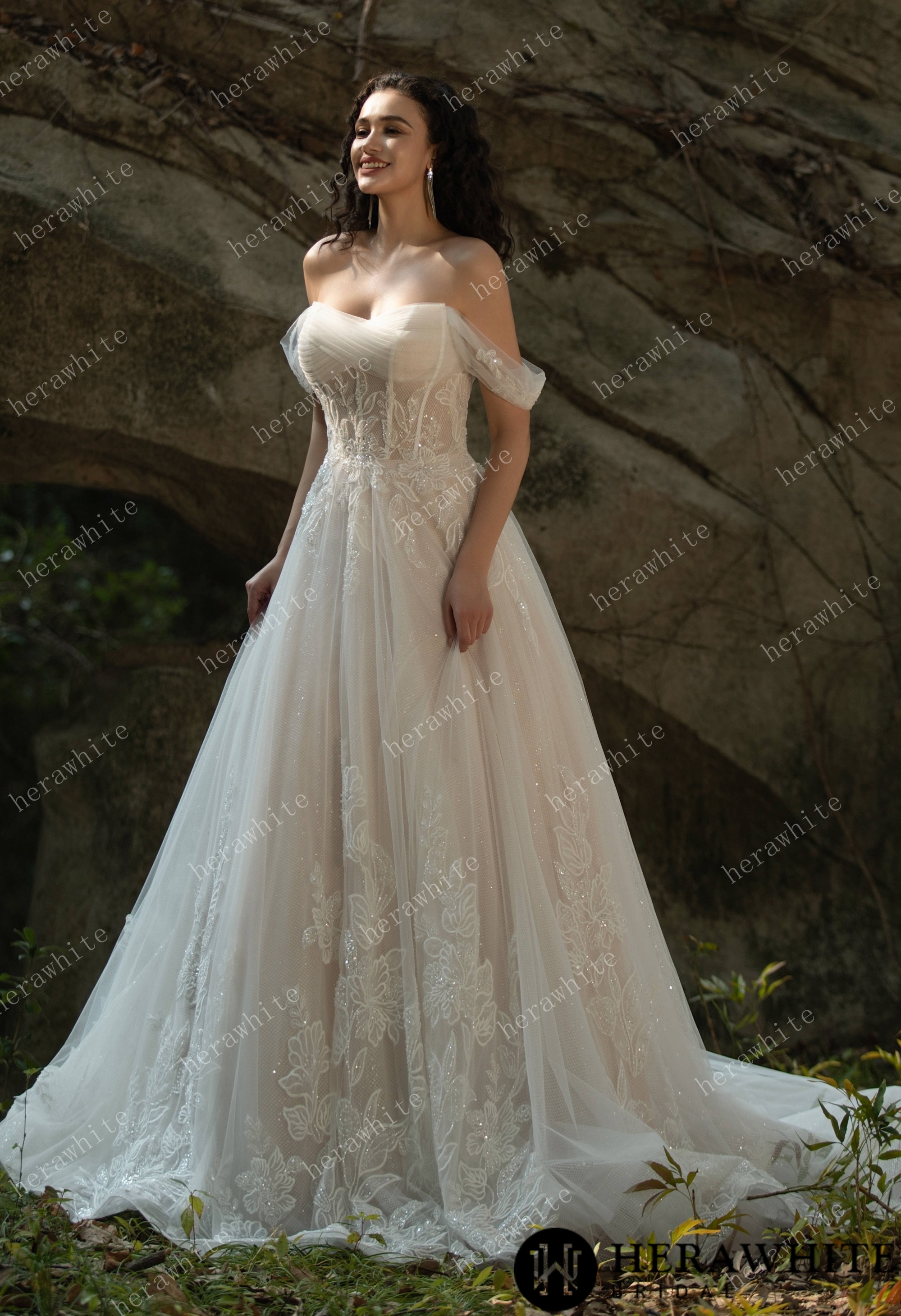 Celestial Grace Off-Shoulder Corset Wedding Gown