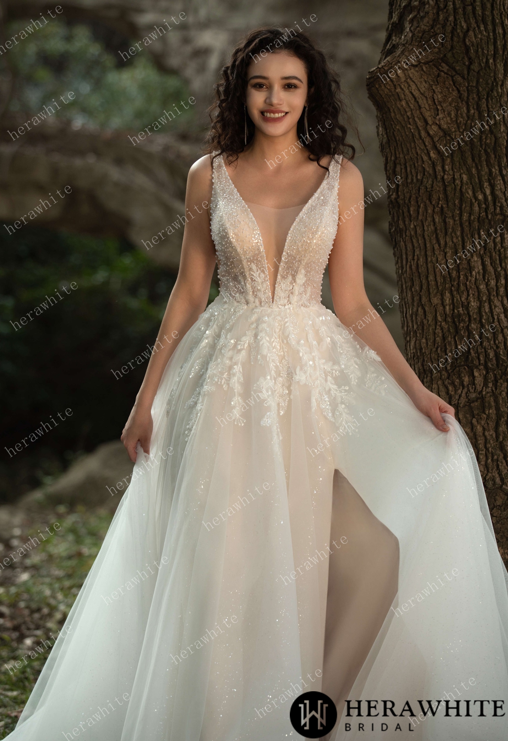 Sparkling A-line Gown with Deep V-neckline and Floral Embellished Bodice