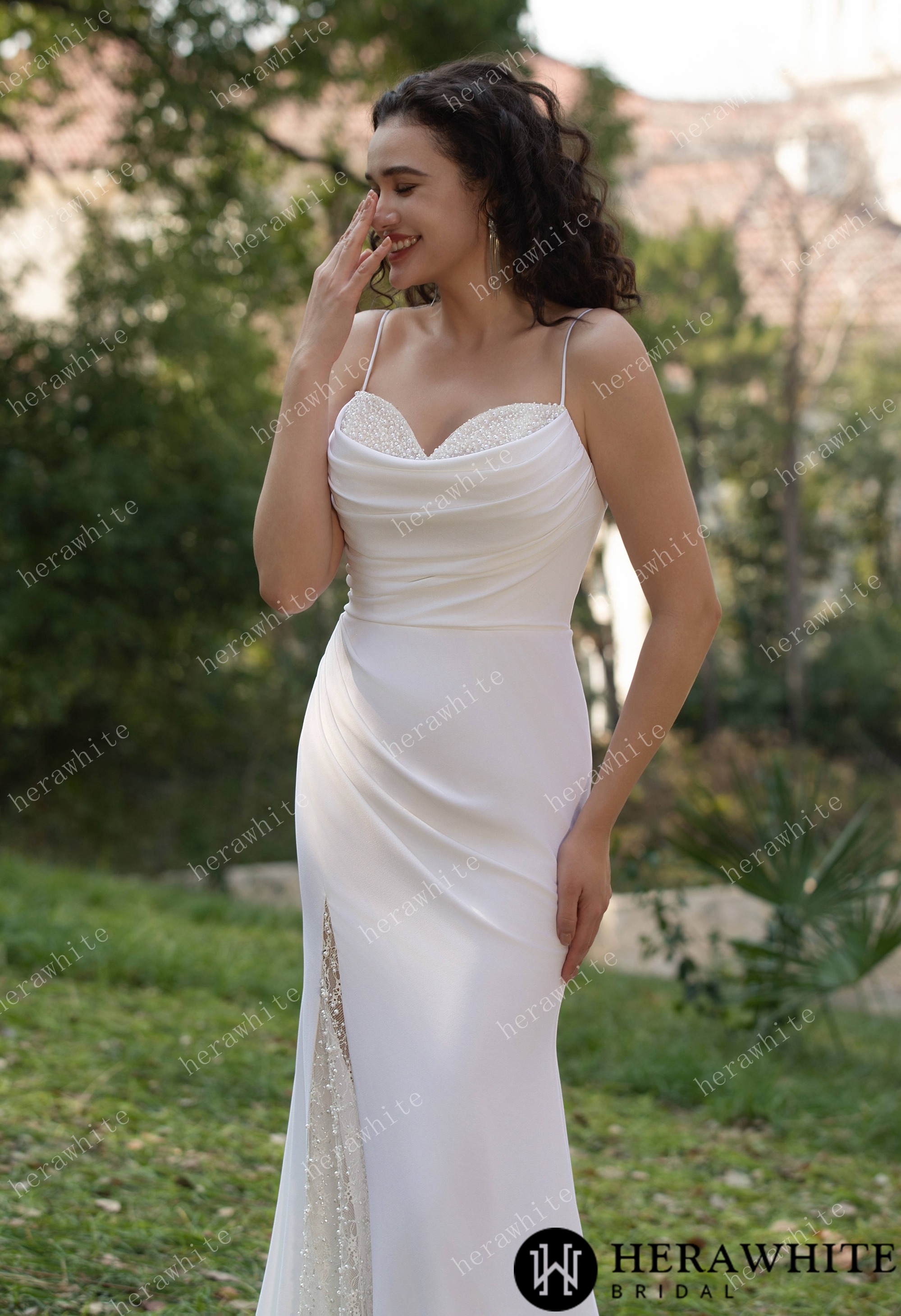 Spaghetti Straps Beaded Crepe With Split Wedding Dress