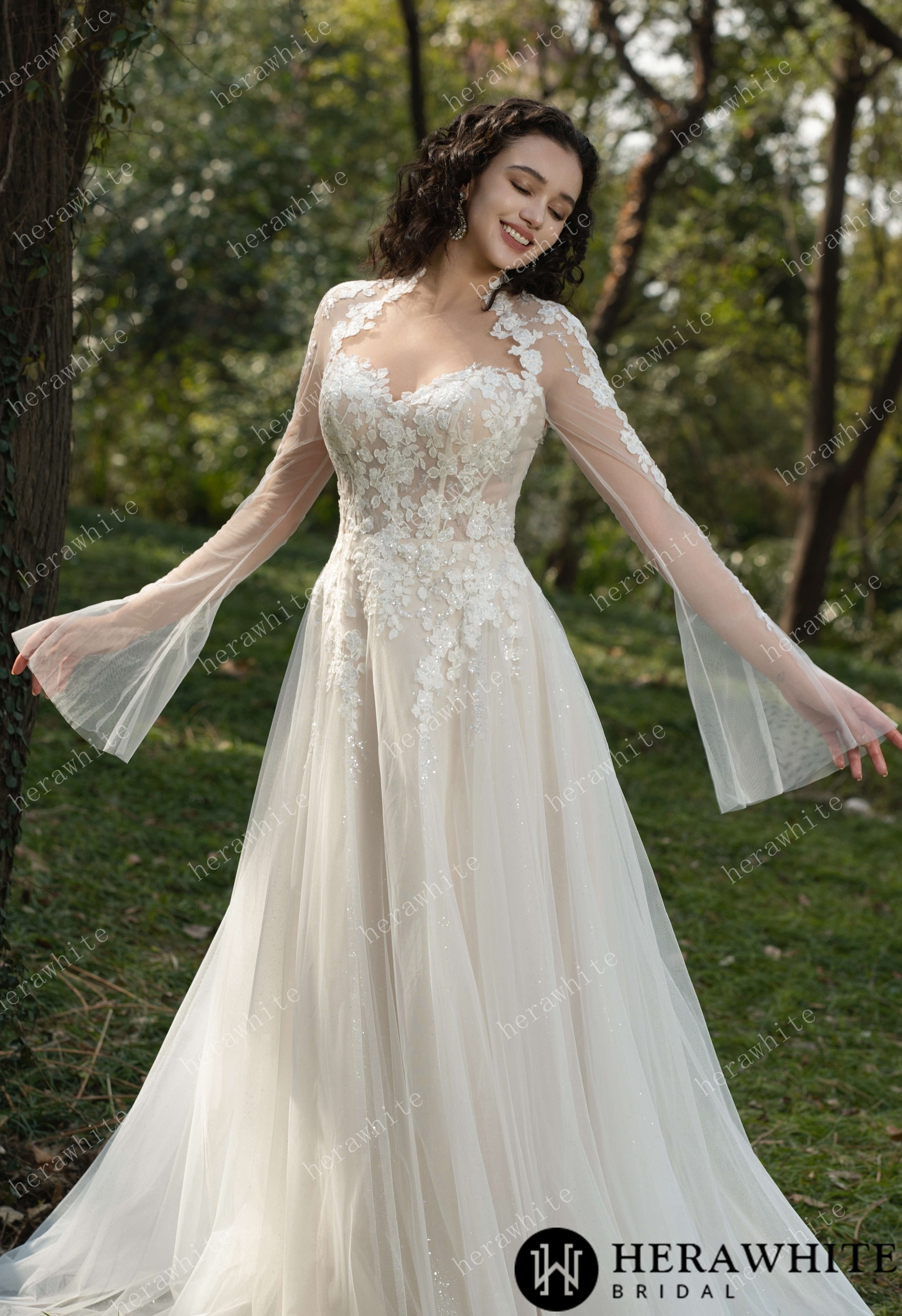 Ethereal Blossom Lace Long-Sleeve Wedding Gown