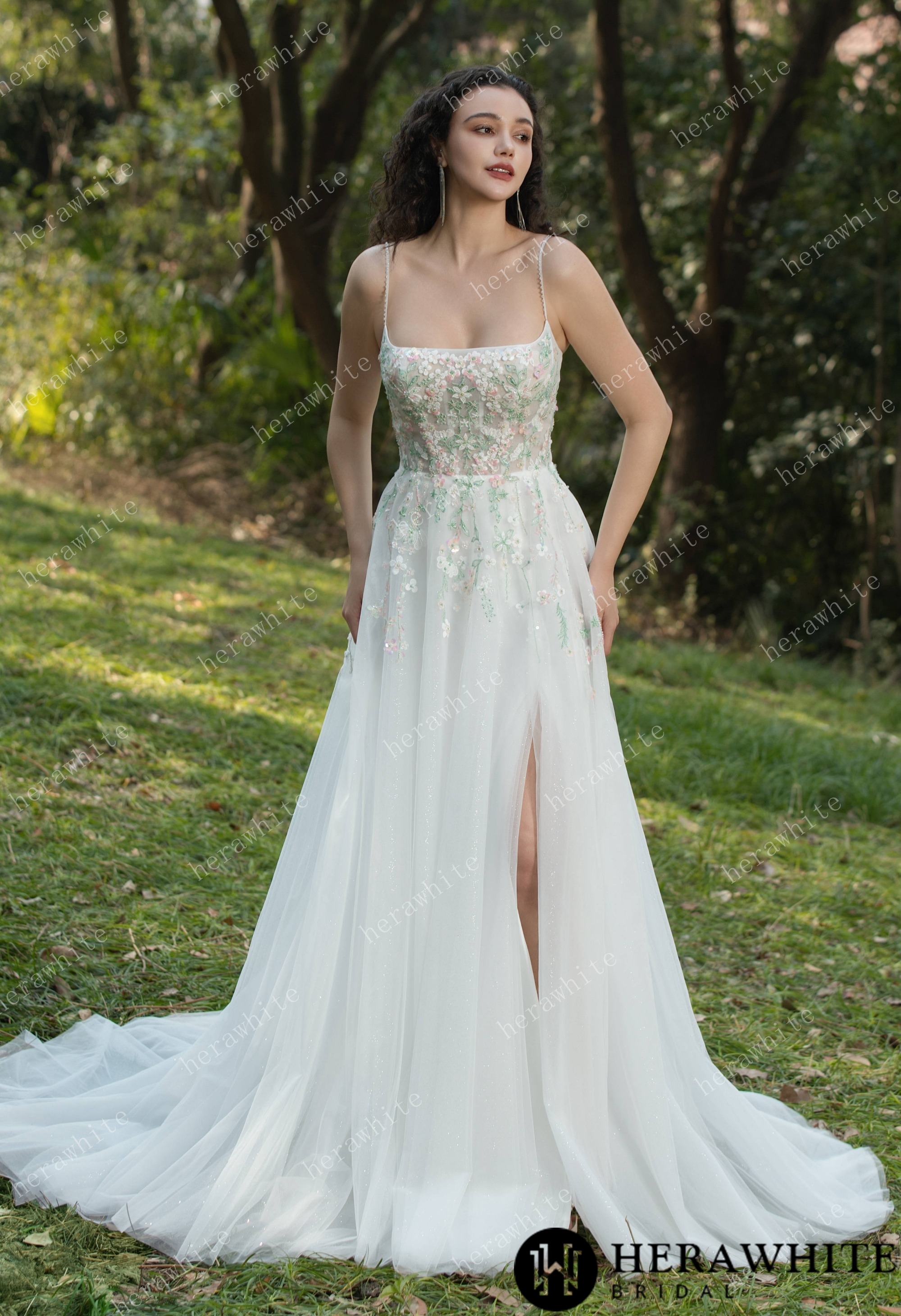 Colourful Embroidered Floral With Spaghetti Straps Square Neck Wedding Dress