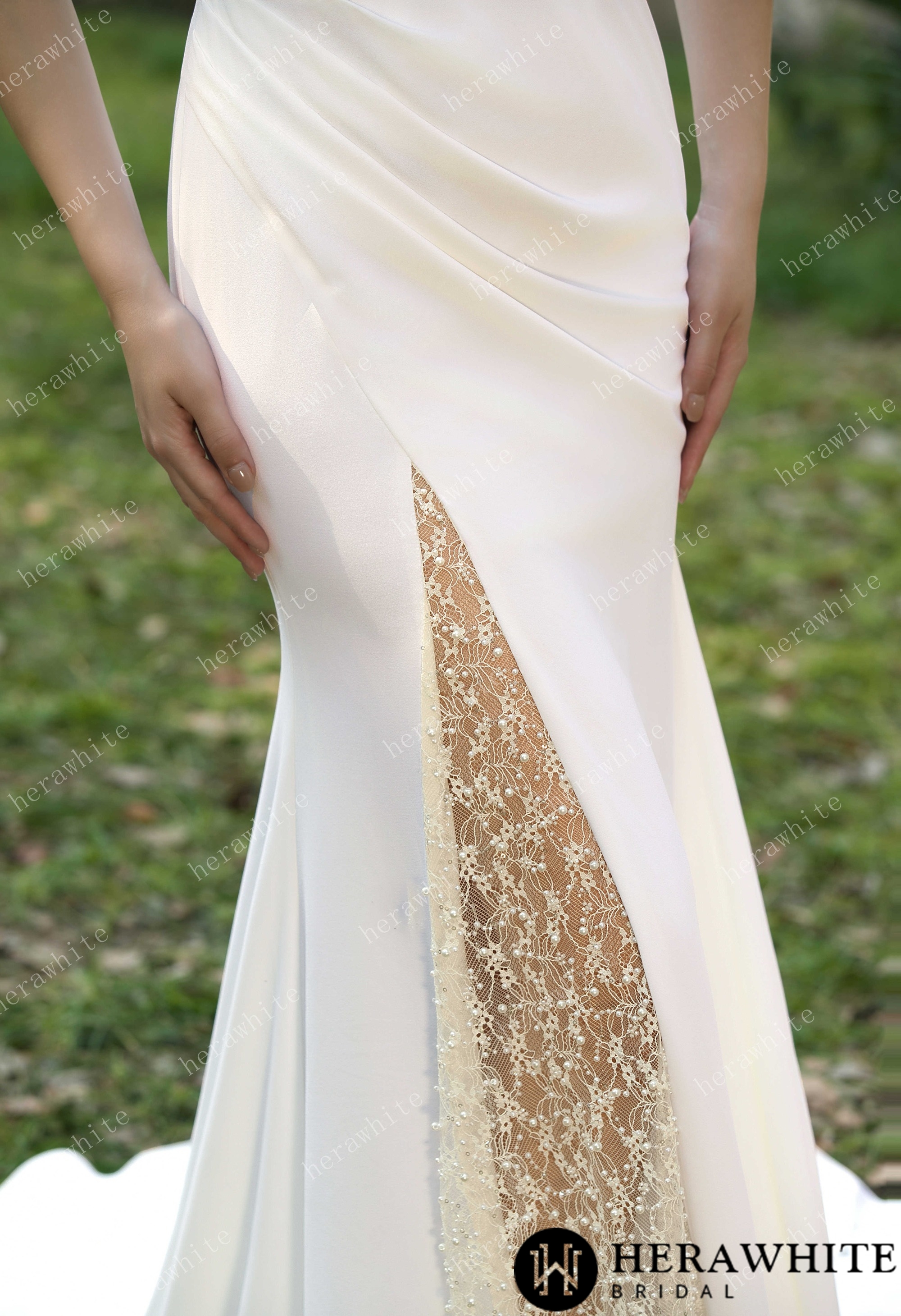 Spaghetti Straps Beaded Crepe With Split Wedding Dress