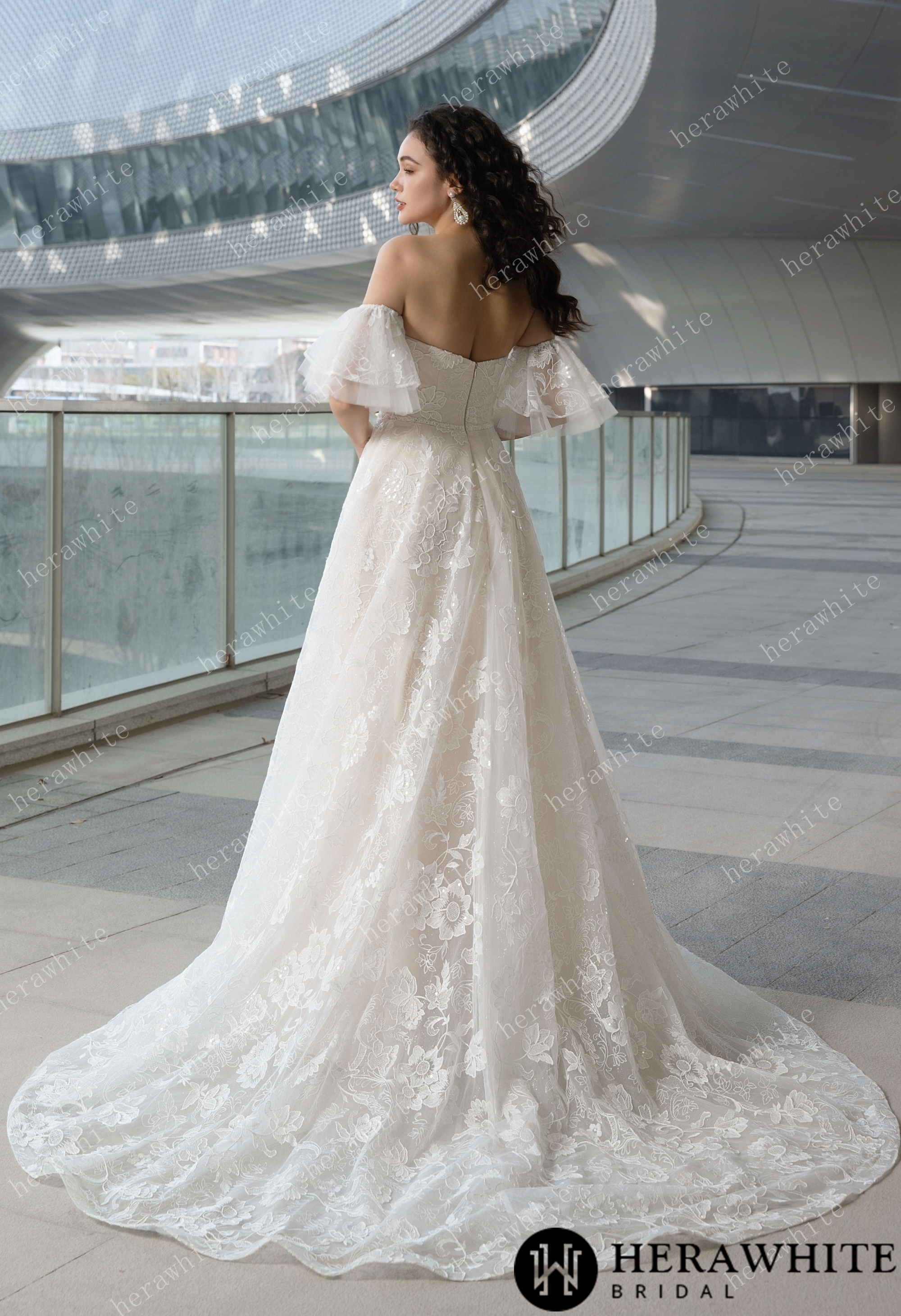 V-Neck Allover Lace Wedding Dress with Removable Ruffle Sleeves