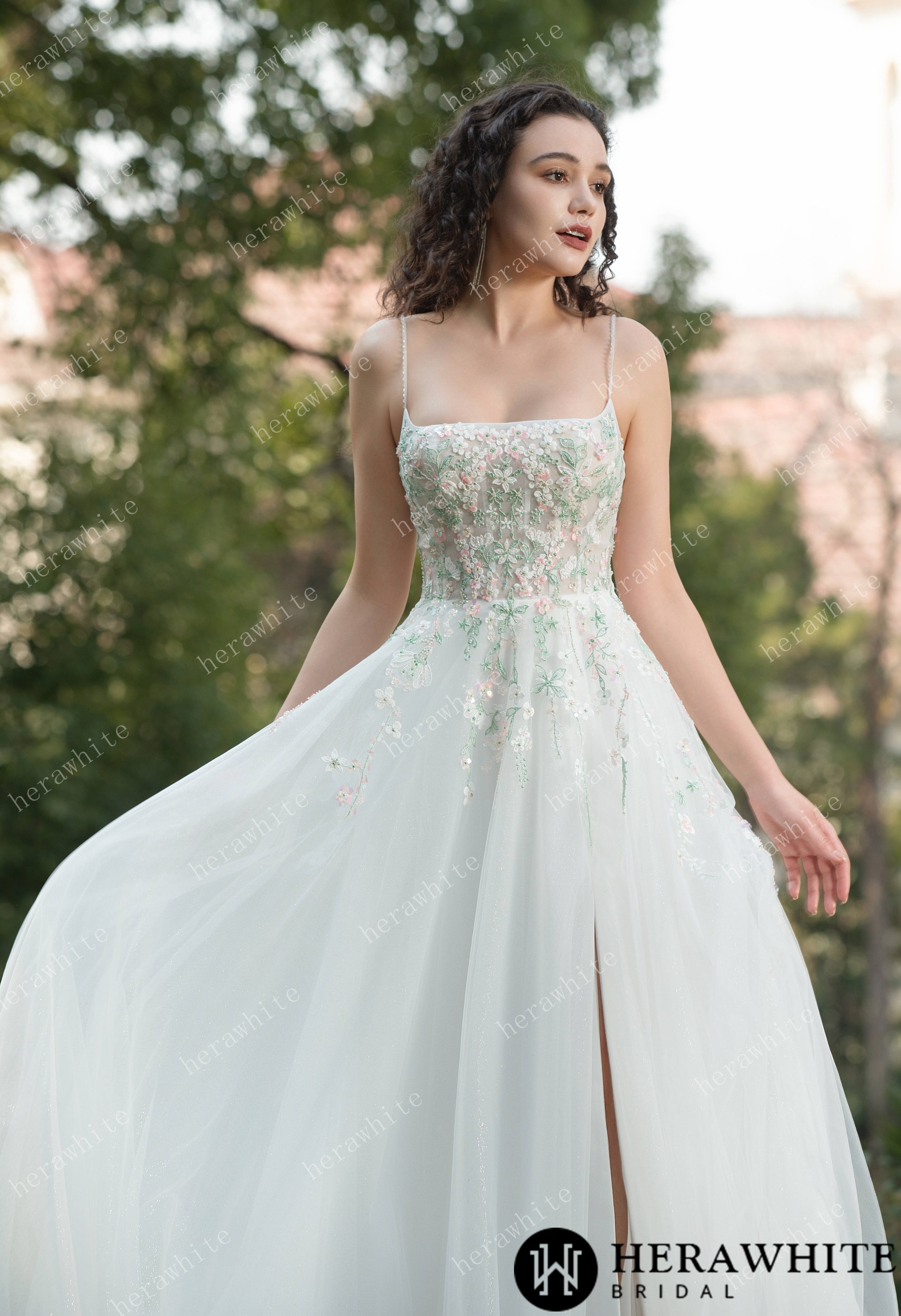 Colourful Embroidered Floral With Spaghetti Straps Square Neck Wedding Dress