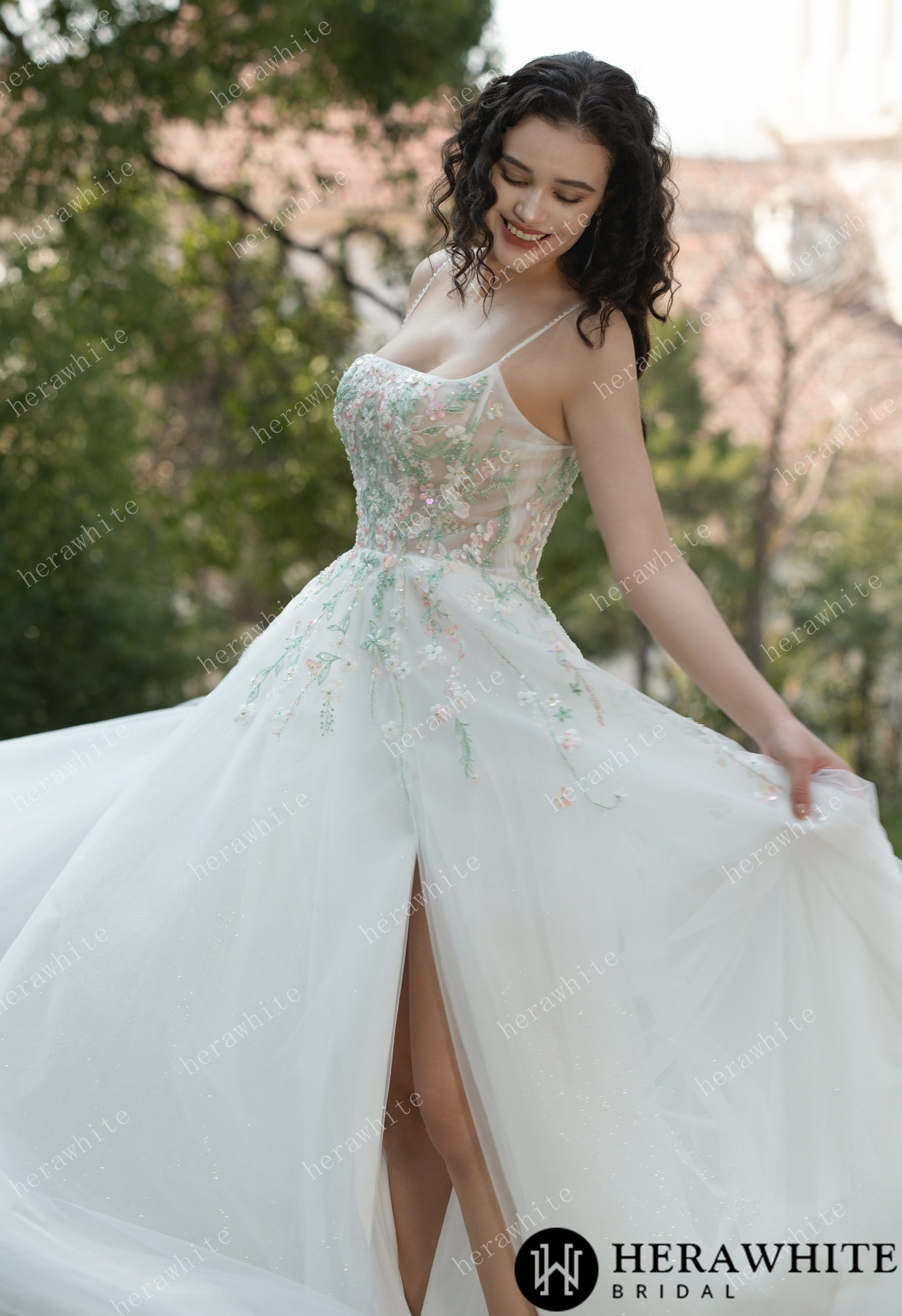 Colourful Embroidered Floral With Spaghetti Straps Square Neck Wedding Dress