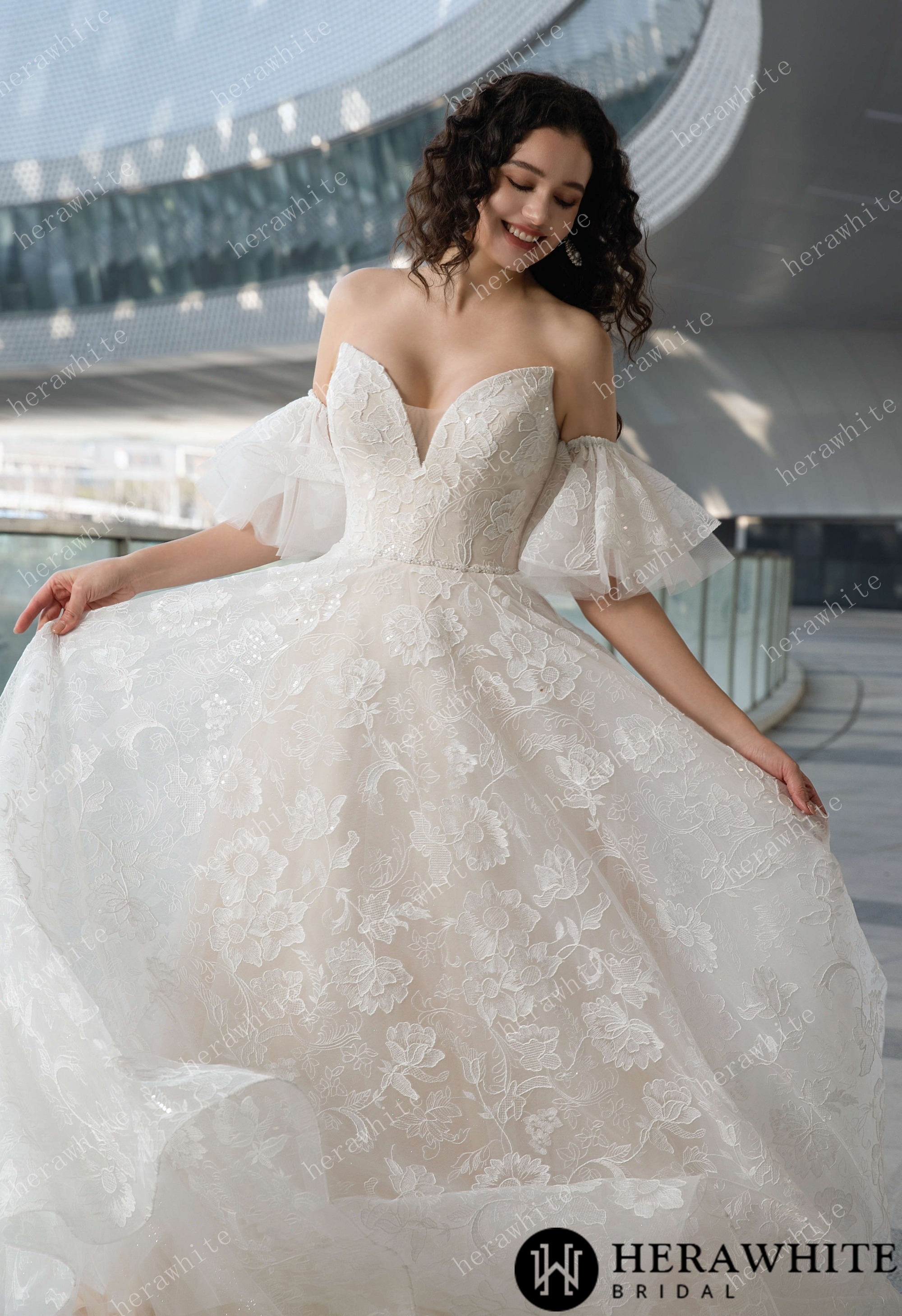 V-Neck Allover Lace Wedding Dress with Removable Ruffle Sleeves