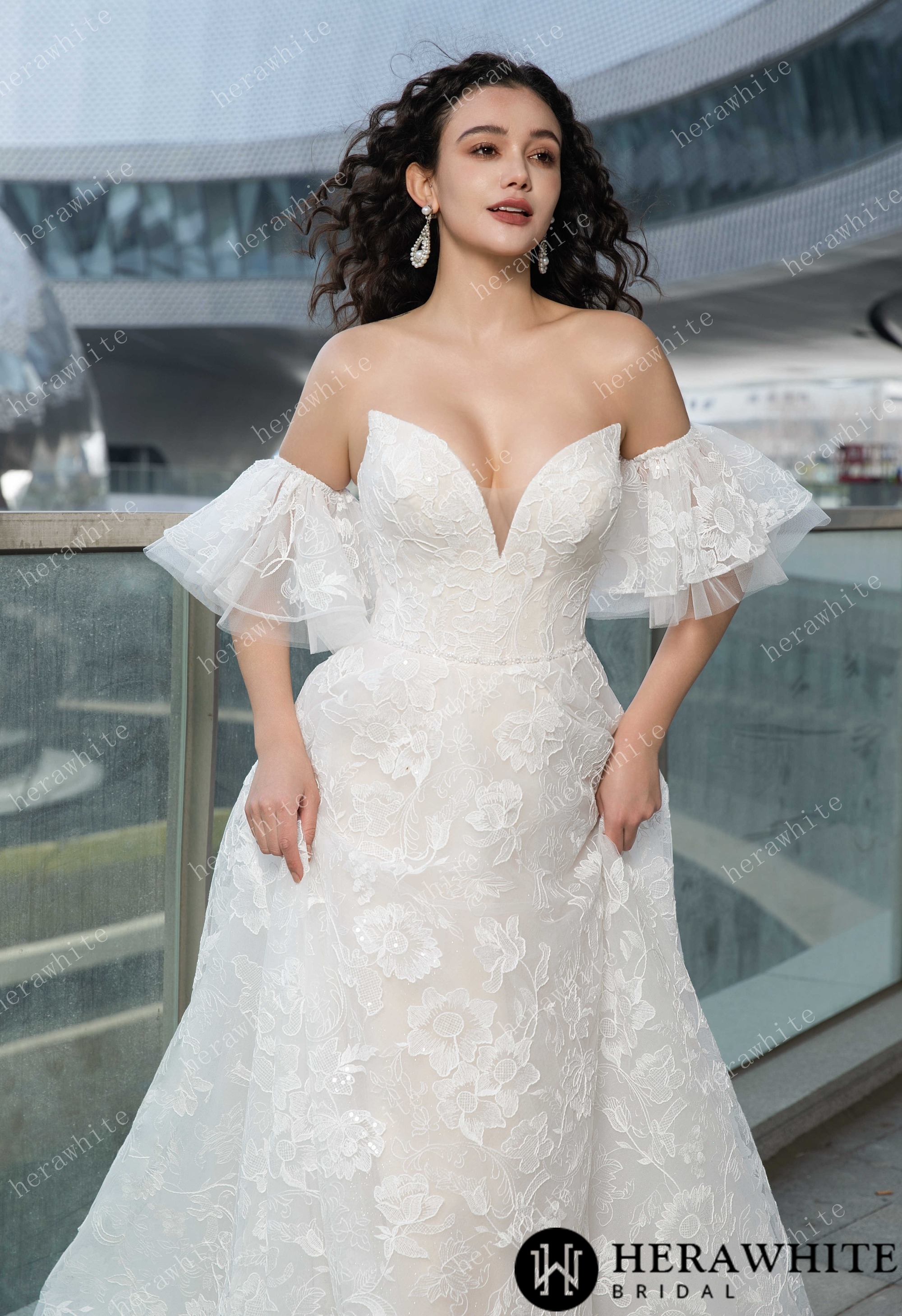 V-Neck Allover Lace Wedding Dress with Removable Ruffle Sleeves
