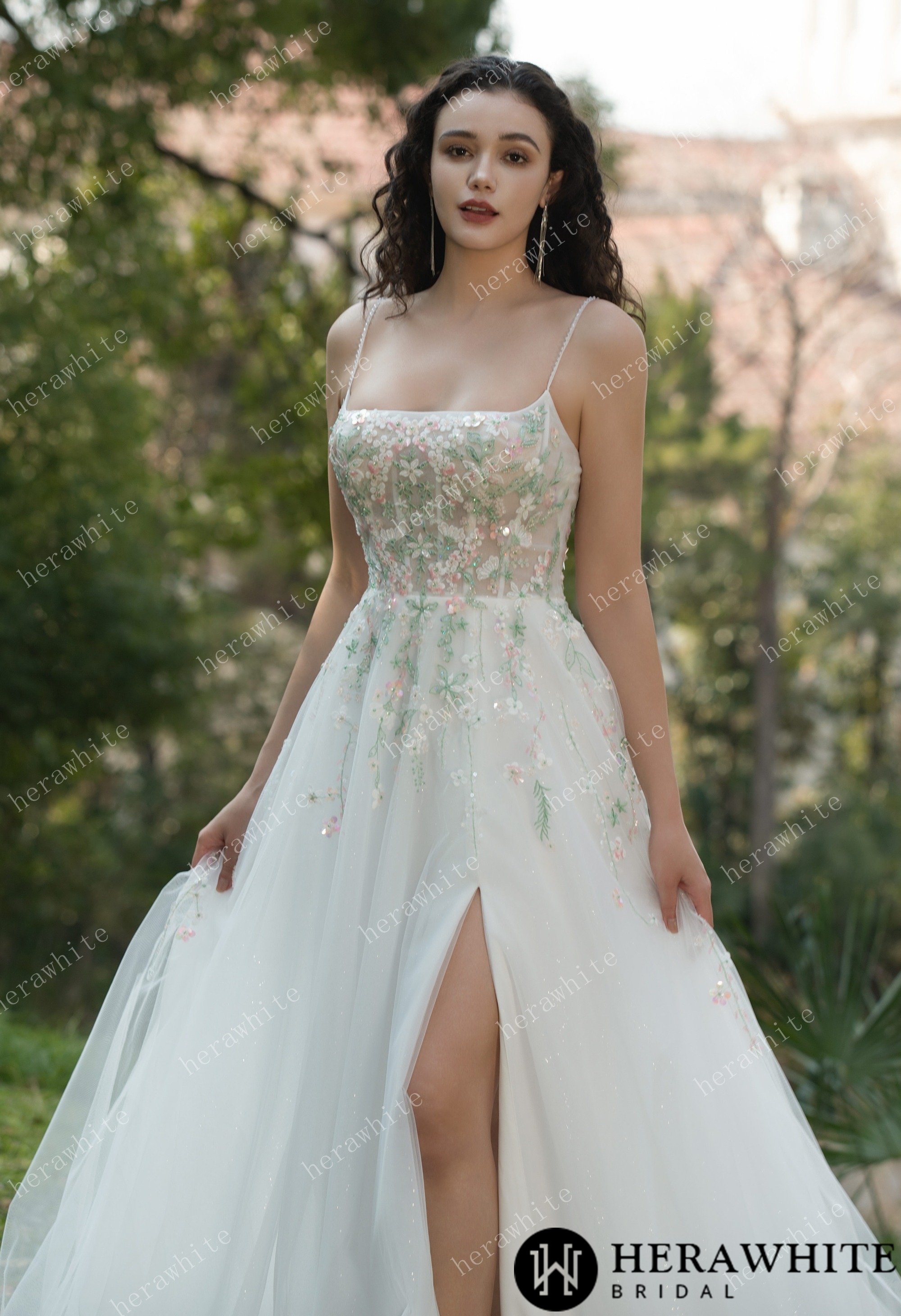 Colourful Embroidered Floral With Spaghetti Straps Square Neck Wedding Dress