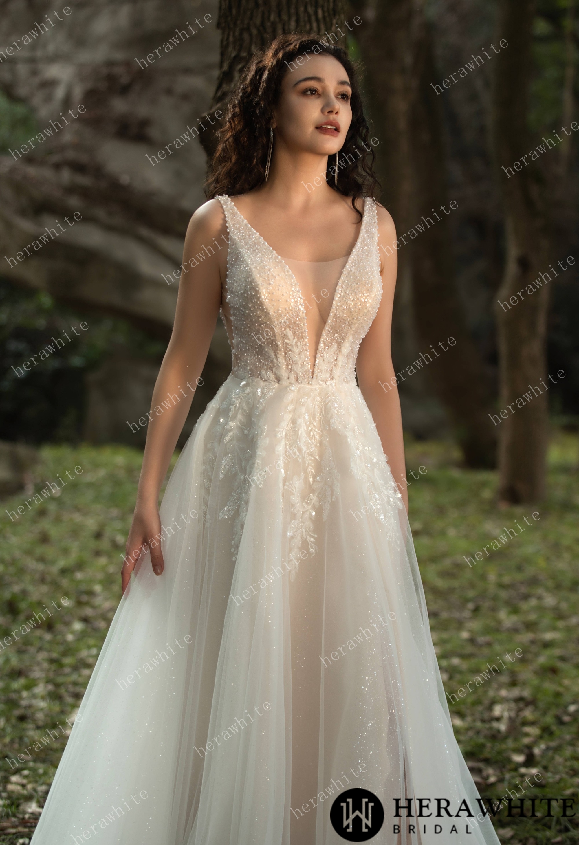 Sparkling A-line Gown with Deep V-neckline and Floral Embellished Bodice