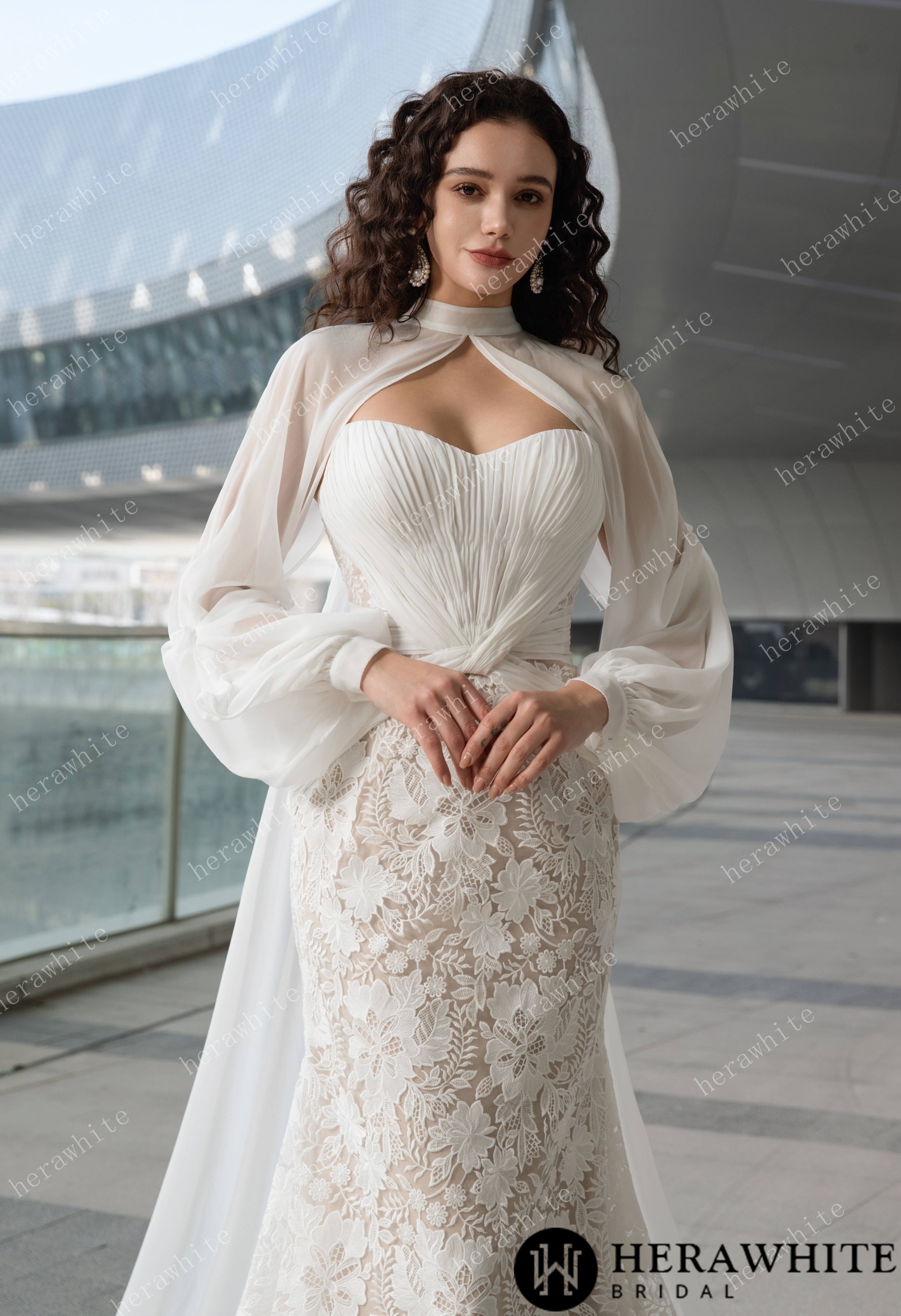 Elegant Strapless Pleated Wedding Dress with Lace Mermaid Skirt and Flowing Sheer Cape