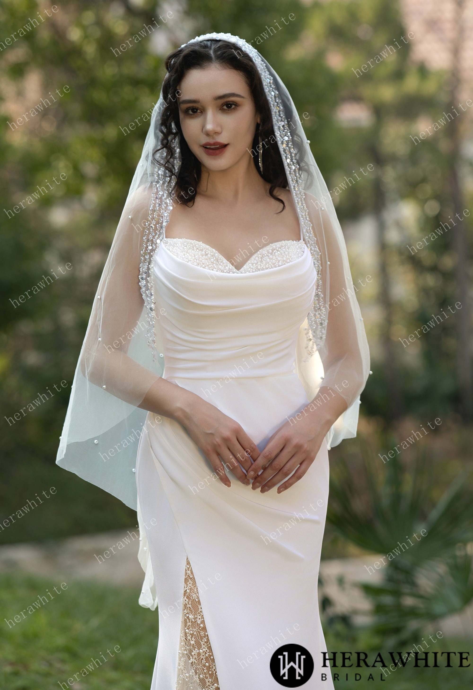 Spaghetti Straps Beaded Crepe With Split Wedding Dress