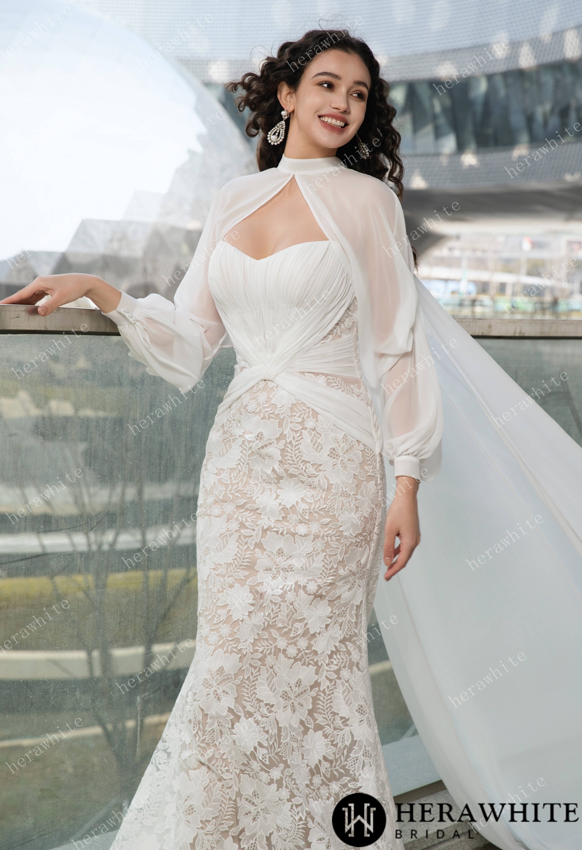 Elegant Strapless Pleated Wedding Dress with Lace Mermaid Skirt and Flowing Sheer Cape