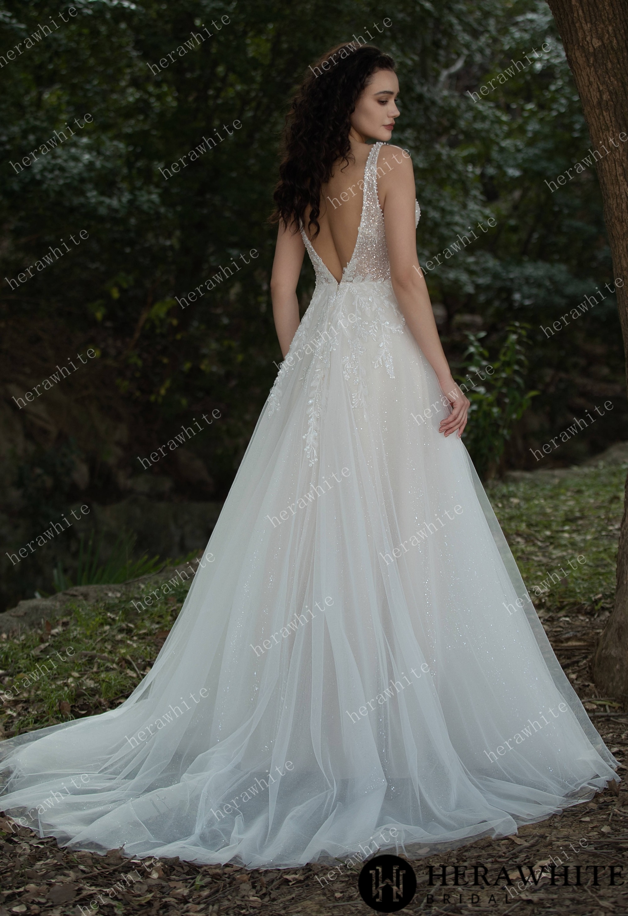 Sparkling A-line Gown with Deep V-neckline and Floral Embellished Bodice