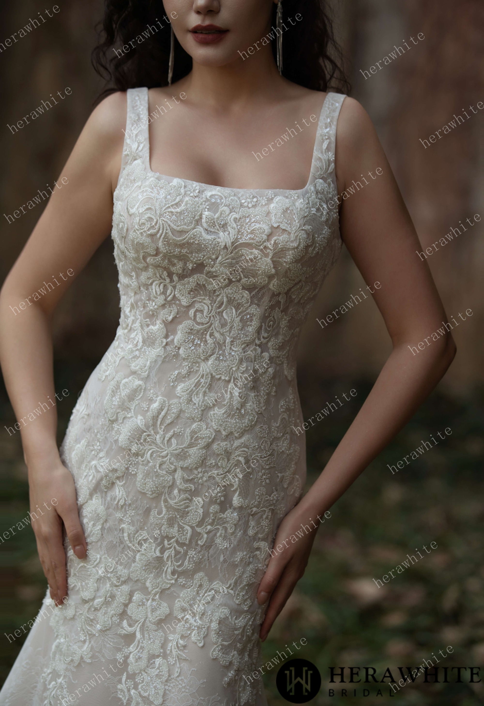 Elegant Lace Fit-and-Flare Gown with Square Neckline and Intricate Floral Detailing