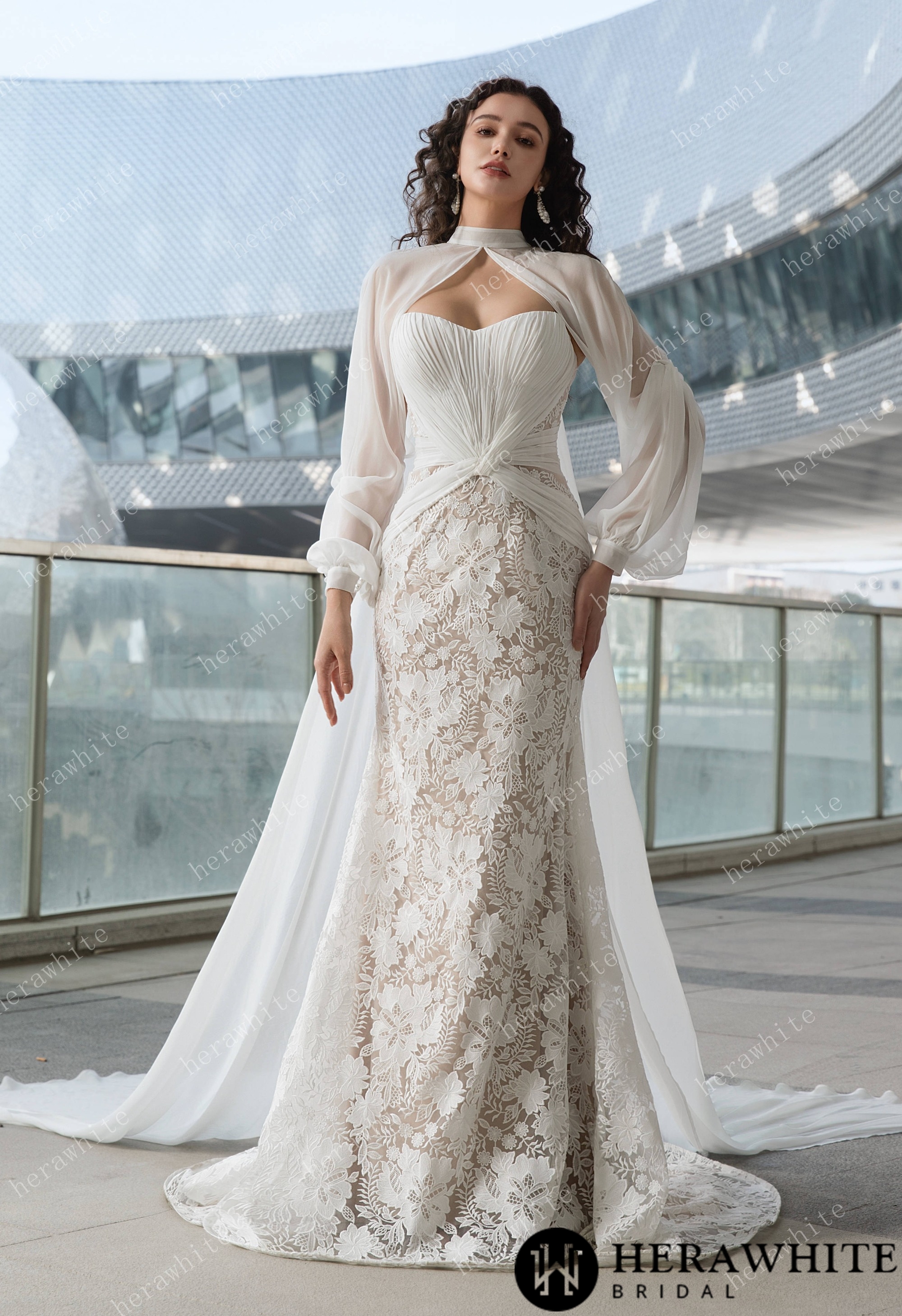 Elegant Strapless Pleated Wedding Dress with Lace Mermaid Skirt and Flowing Sheer Cape