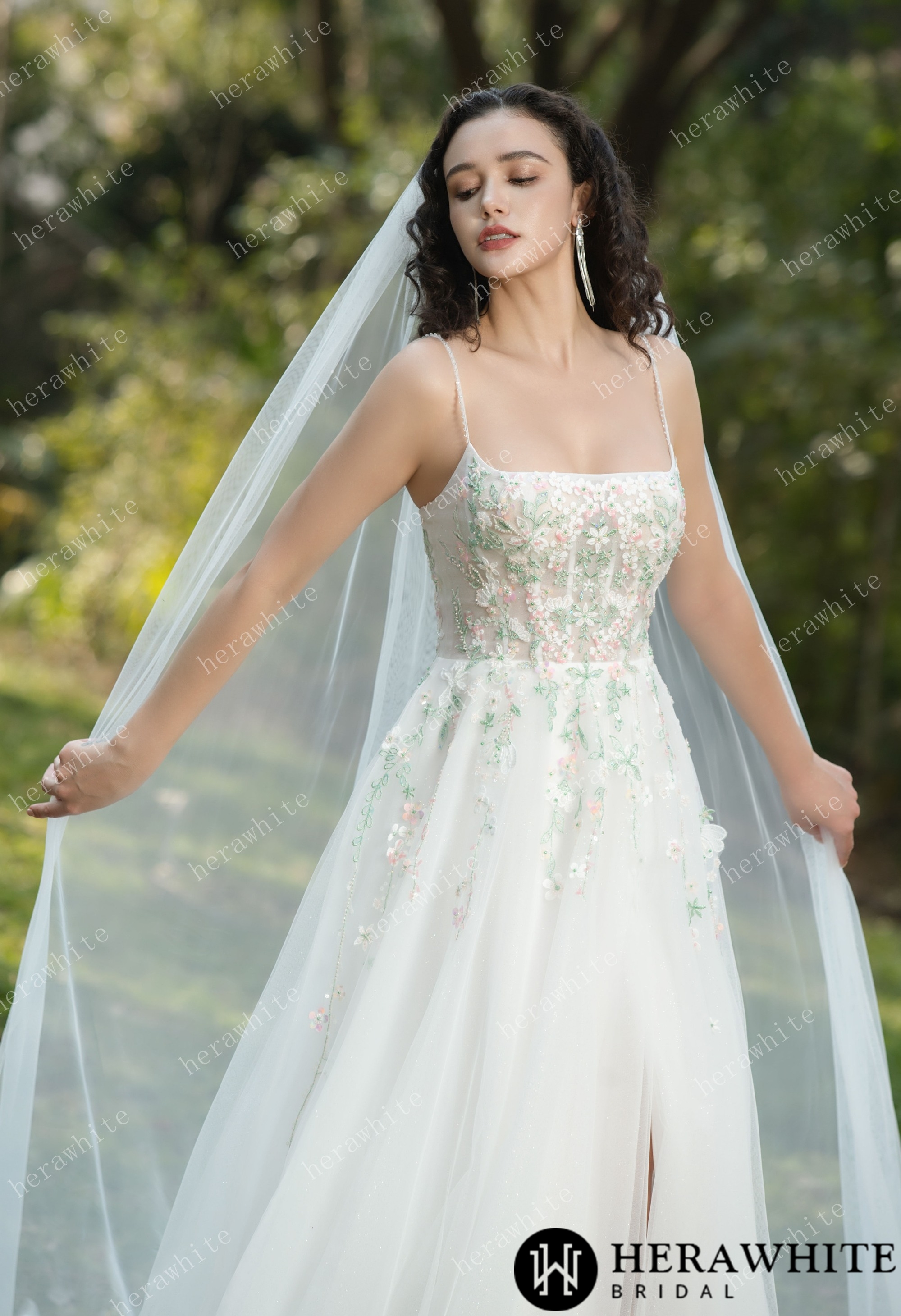 Cathedral Length Dreamy Colorful Floral Lace Wedding Veil