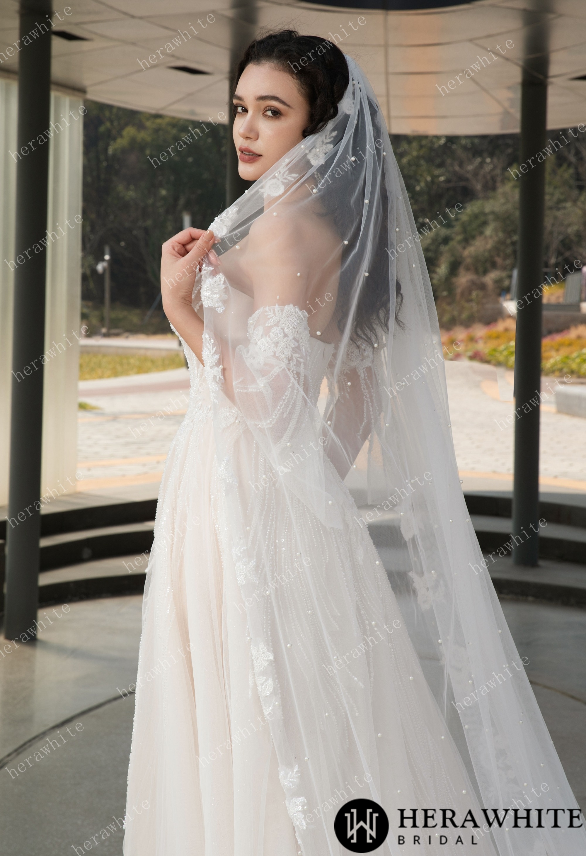 Cathedral Length Pearl Floral Wedding Veil