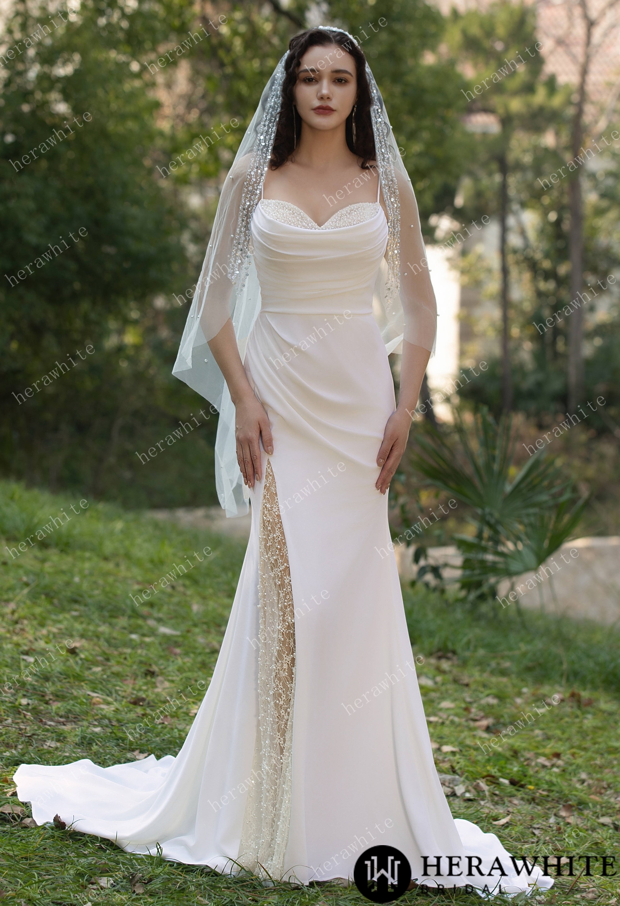 Short handmade pearl beaded wedding veil